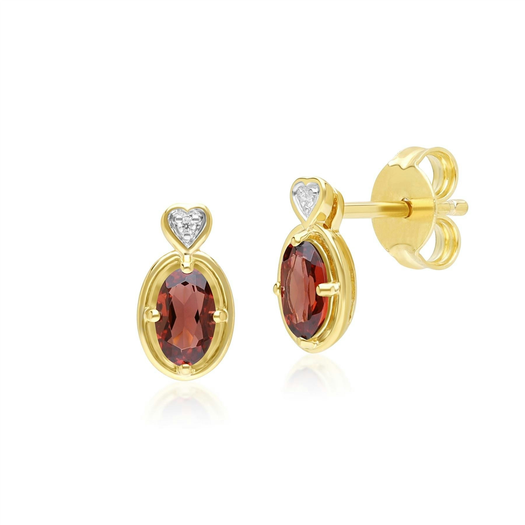 Gemondo Yellow/Gold Classic Oval Garnet & Diamond Heart Stud Earrings In 9Ct