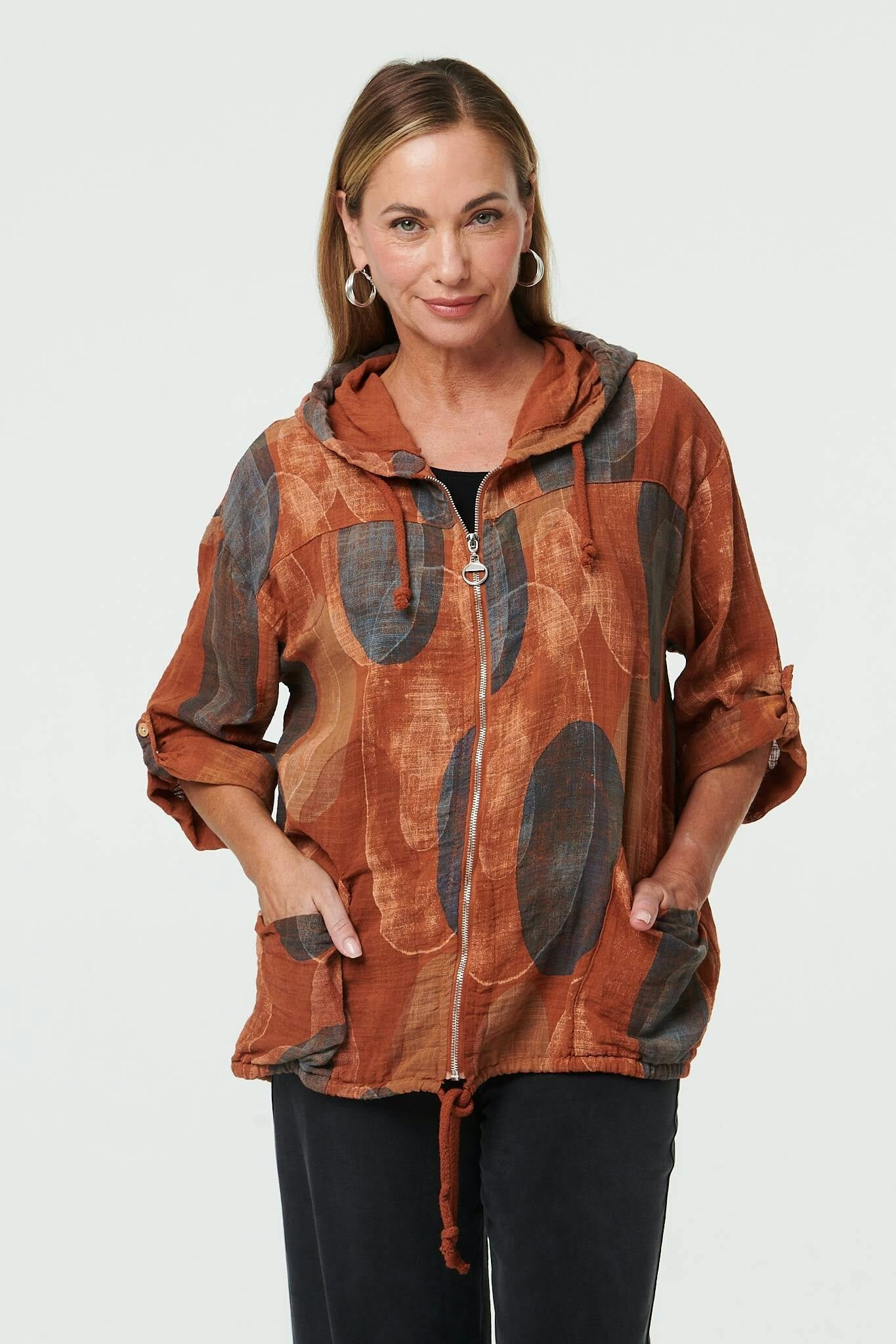 Izabel London Abstract Relaxed Hood Drawstring Jacket - L/Xl - Rust