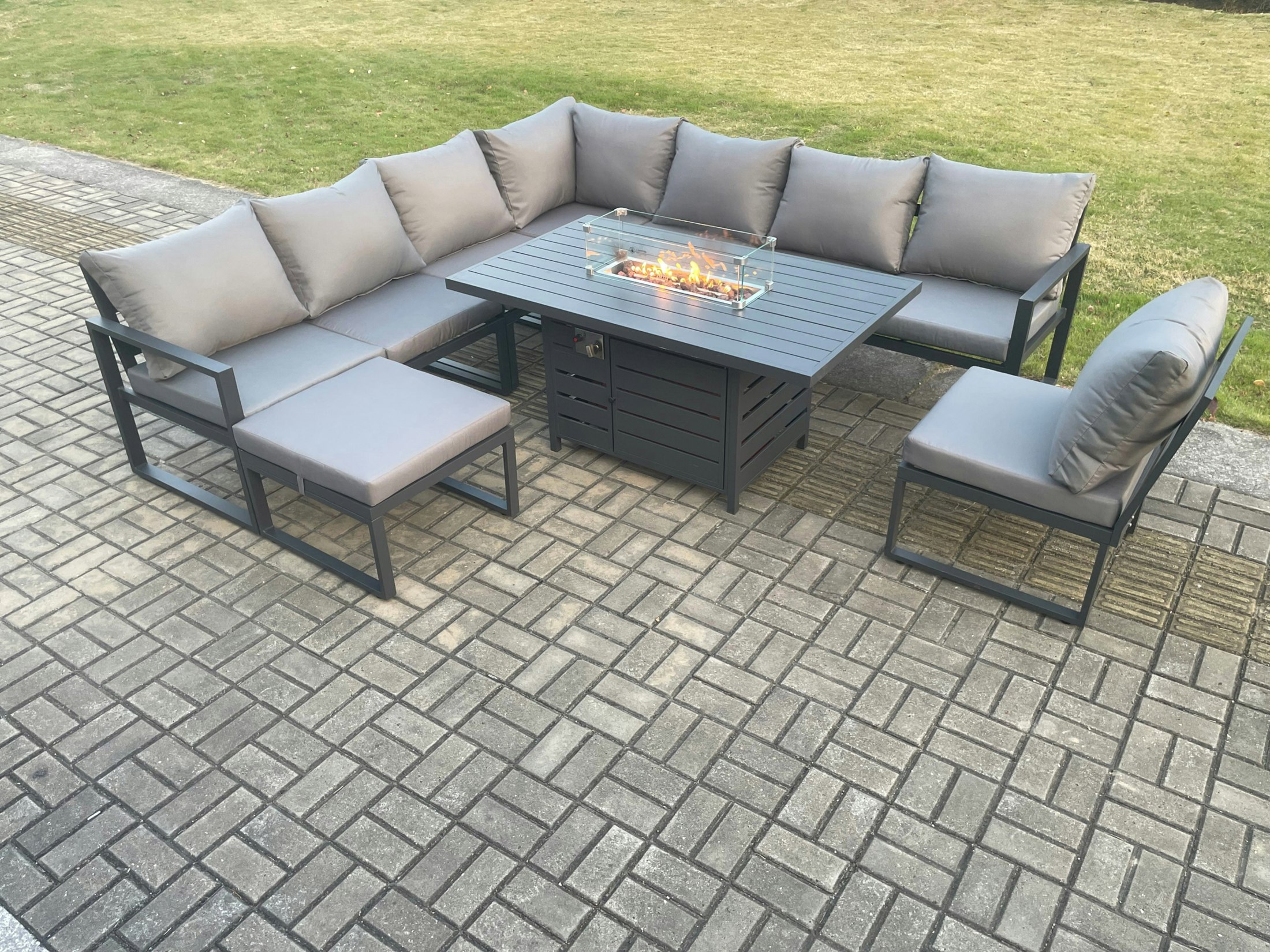 Rackhams Dark/Grey Aluminium Lounge Corner Sofa Outdoor Garden Furniture Sets Gas Fire Pit Dining Table Set With Big Footstool