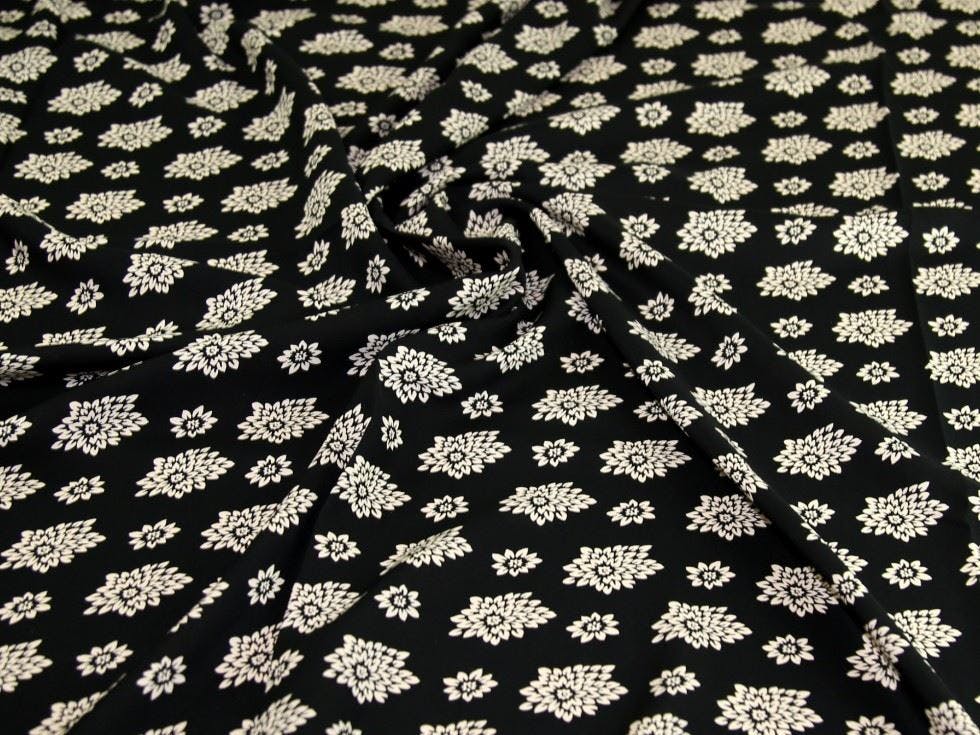 Minerva Core Range Black Minerva Deadstock Viscose Challis Fabric - Flowers Design Dressmaking Fabric, 140 Cm / 56" Wide - Per Metre