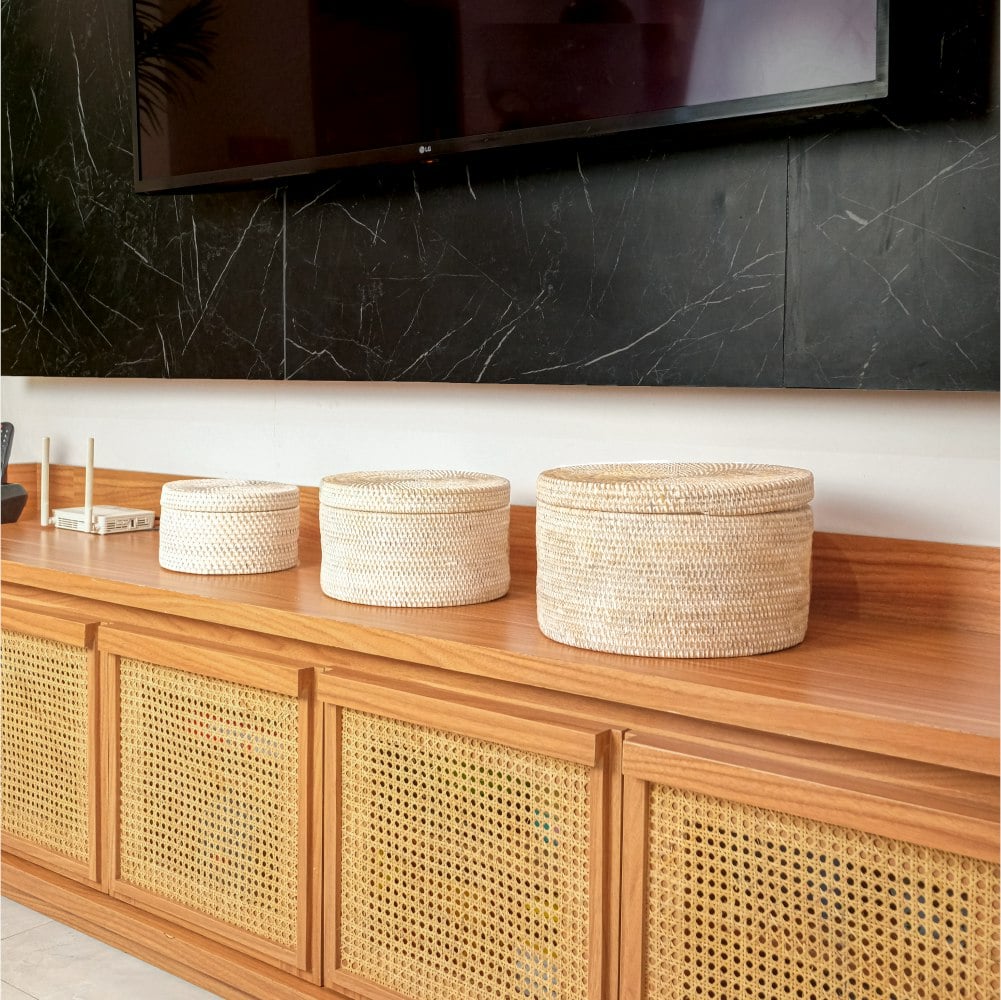 Rackhams White Round Rattan Storage Basket | Wicker Baskets S, M And L In 4 Colours - Wash - 30Cm