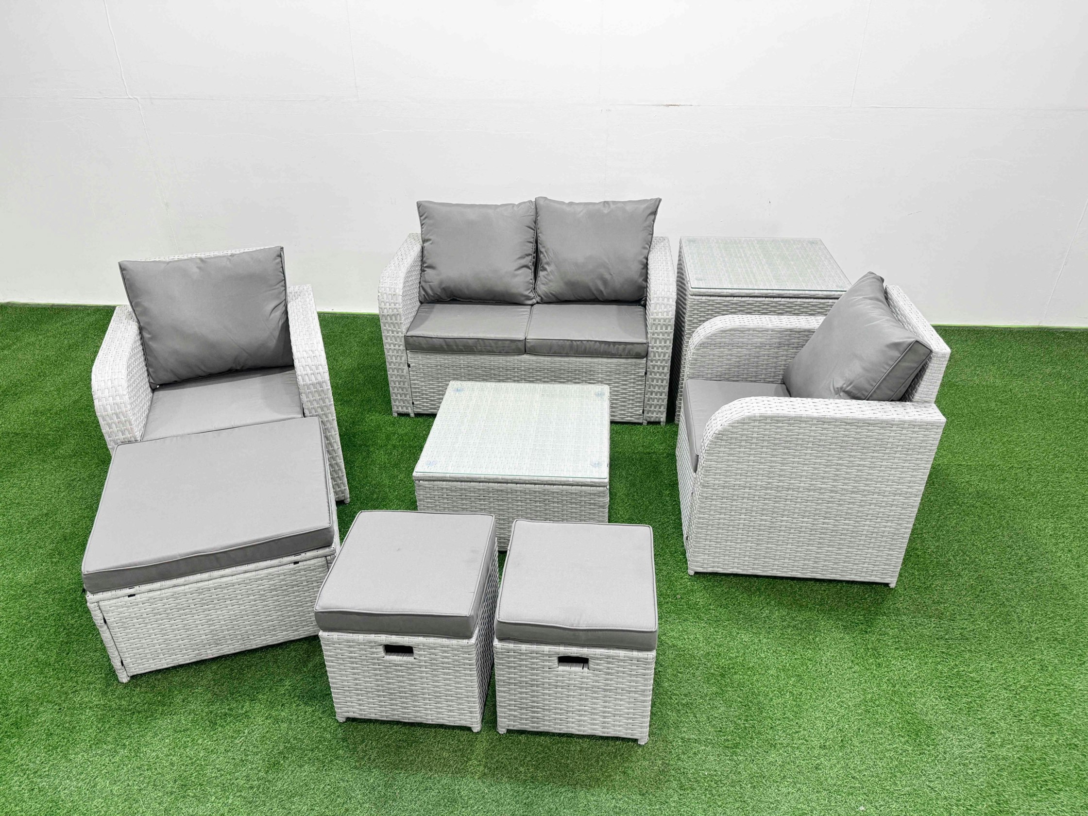 Rackhams Light/Grey Pe Wicker Rattan Garden Furniture Set Sofa Set Reclining Adjustable Chair Square Coffee Table 7 Seater 3 Stools Side Table