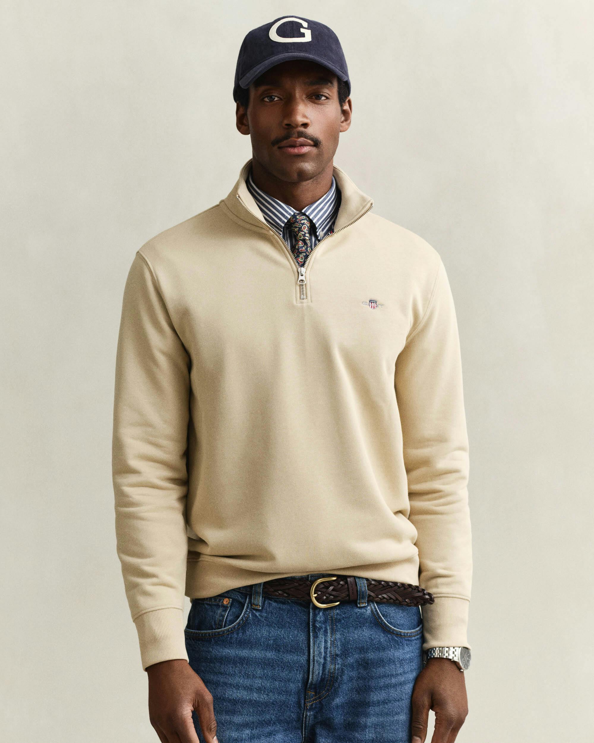Gant Men's Beige Regular Fit Shield Logo Half Zip Sweatshirt - 200 Oat - 200 Oat - M