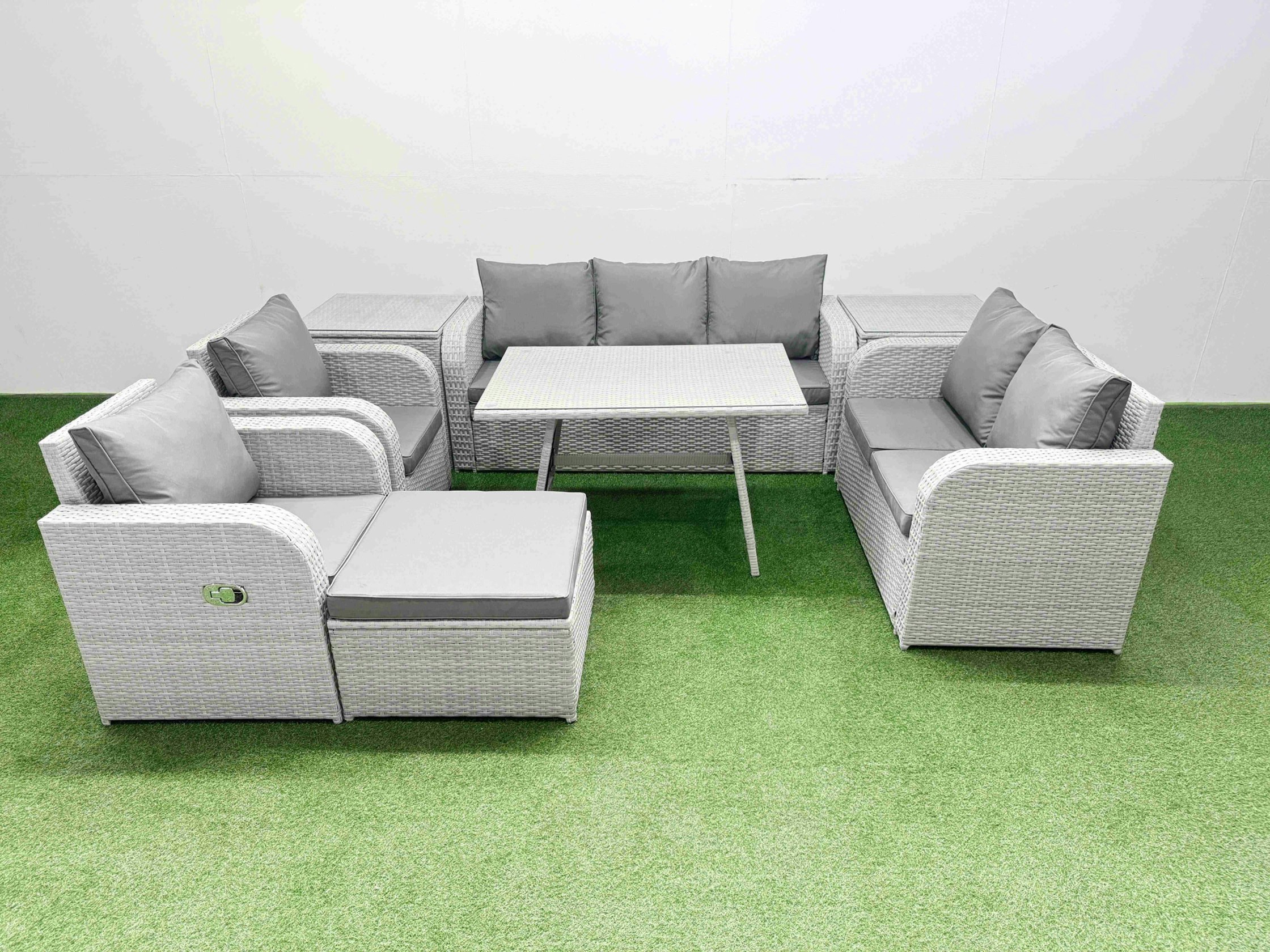 Rackhams Light/Grey Pe Rattan Garden Furniture Set Outdoor Rectangular Dining Table Sofa Set With Reclining Chair Big Stool 2 Side Tables