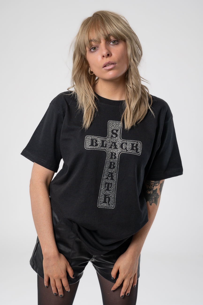 Paradiso Clothing Unisex Black Sabbath Diamante Cross T Shirt - L