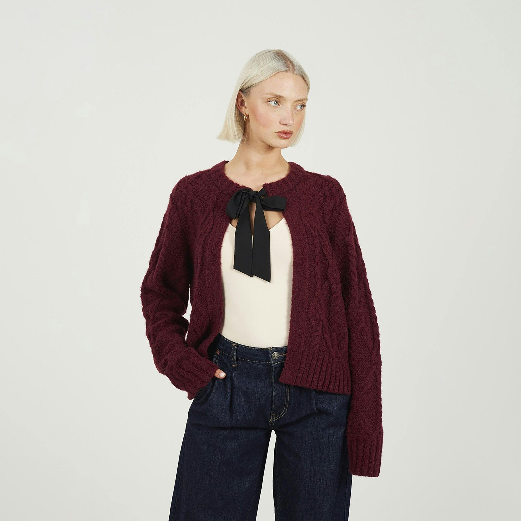 Brave Soul Crew Neck Cable Knit Cardigan With Bow - Wine - Wine - L