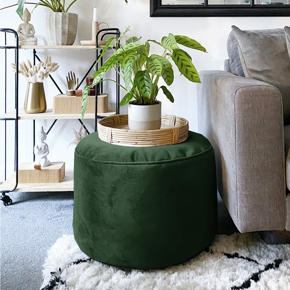 Rackhams Green Velvet Pouffe - Indoor Bean Bag Footstool - Emerald