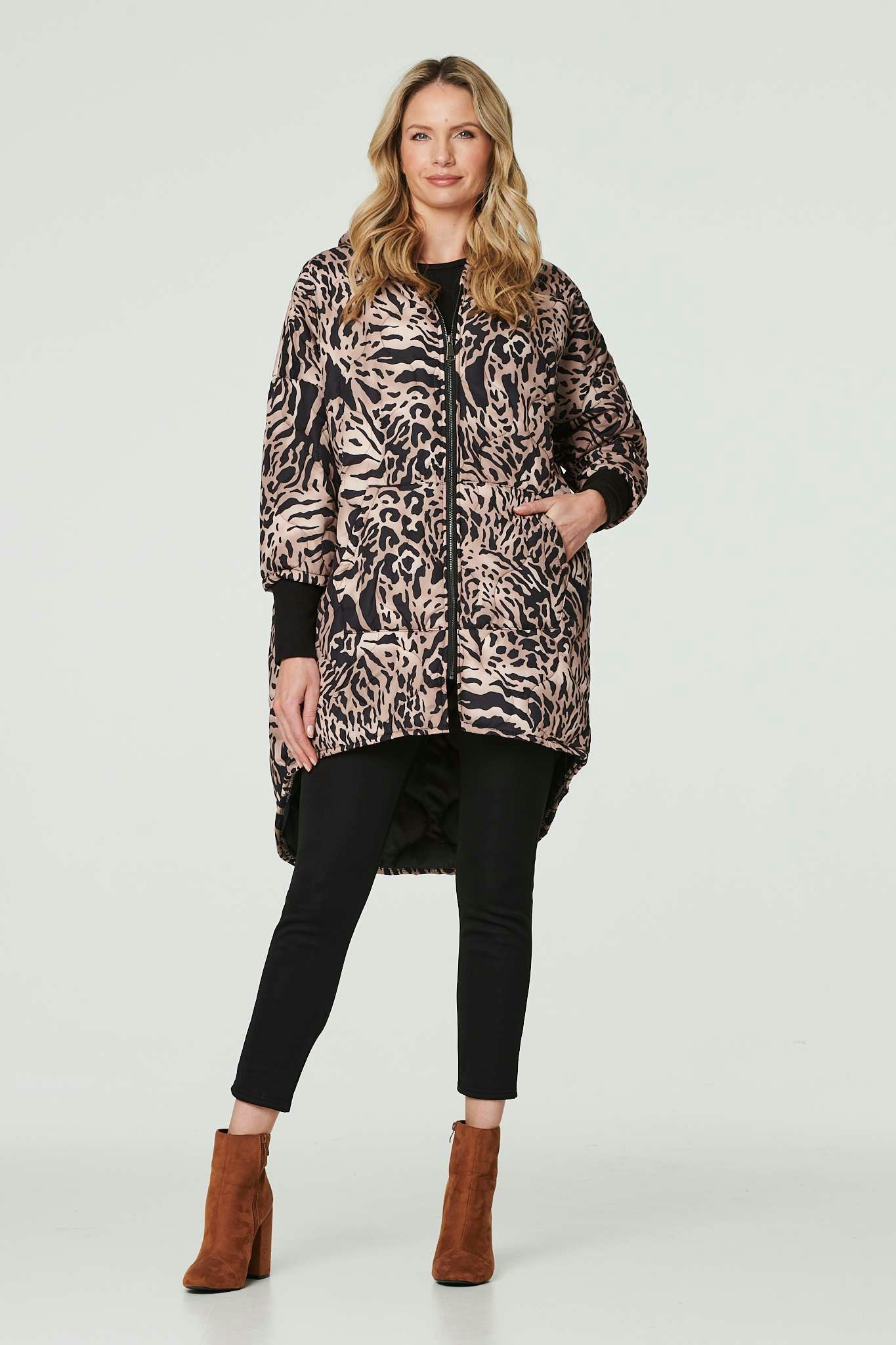 Izabel London Beige Printed Zip Front High Low Coat - S/M