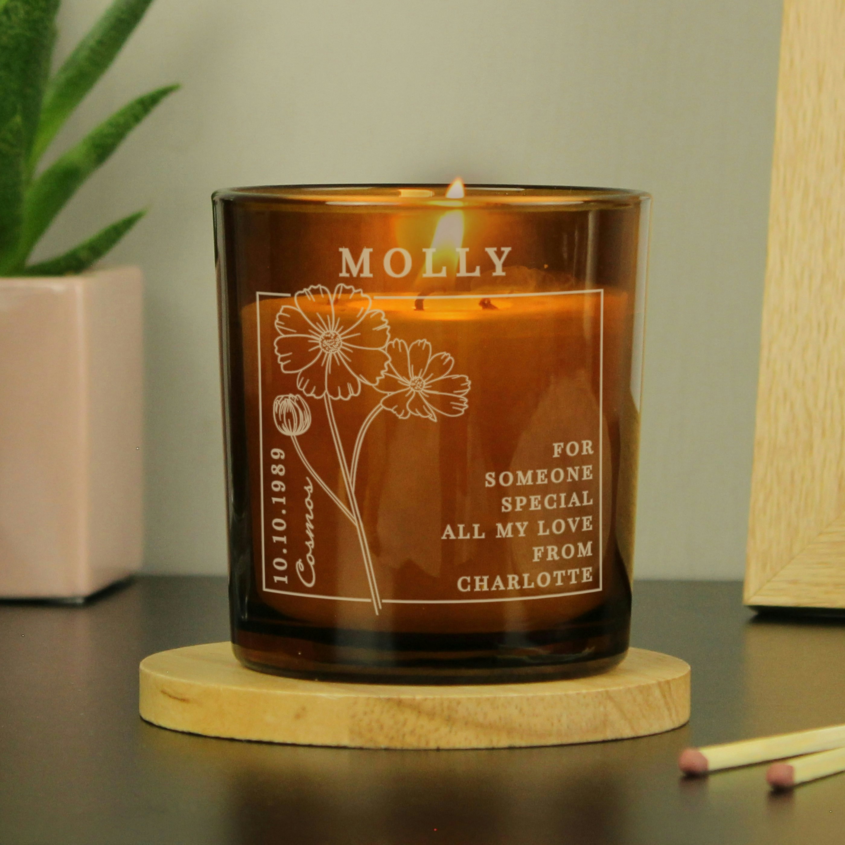 Personalised Memento Company Amber Personalised October Birth Flower Glass Candle
