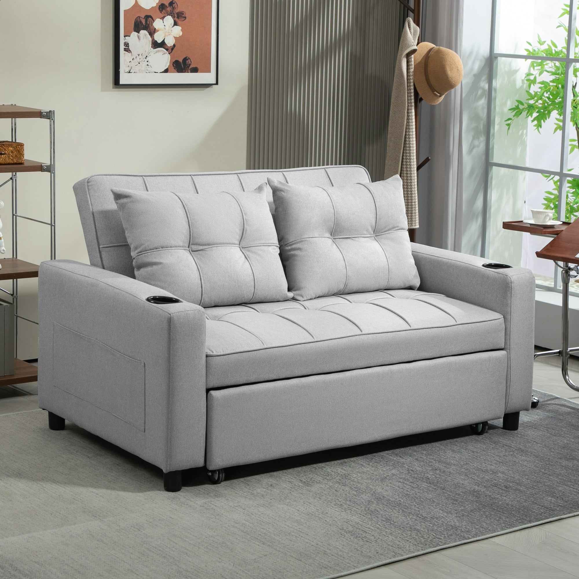 Rackhams Light/Grey 2 Seater Pull Out Sofa Bed With Pockets For Living Room - Polyester - 2 Seater