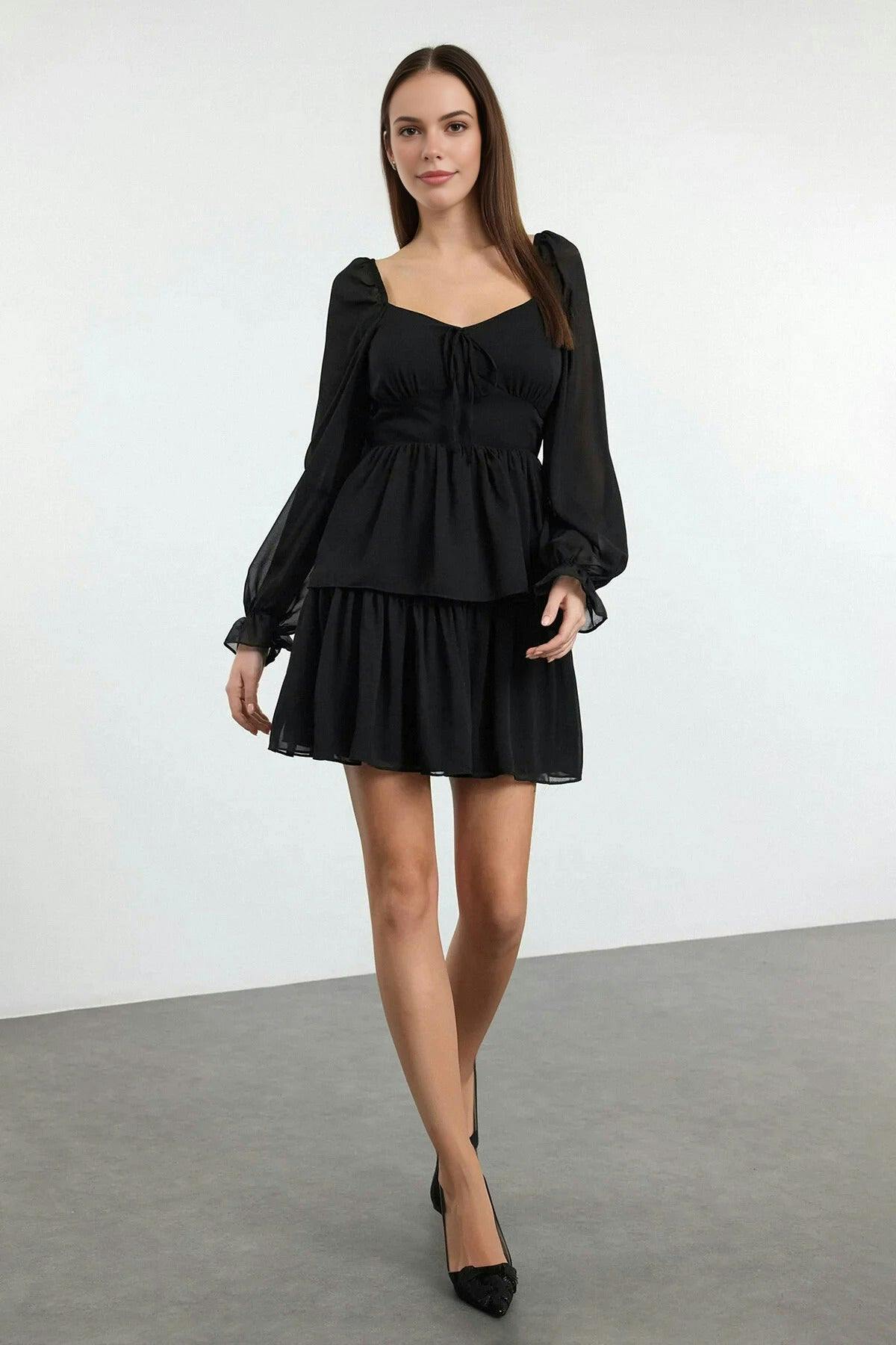 Wovcor Black Ruffled Mini Lined Chiffon Woven Dress - 10