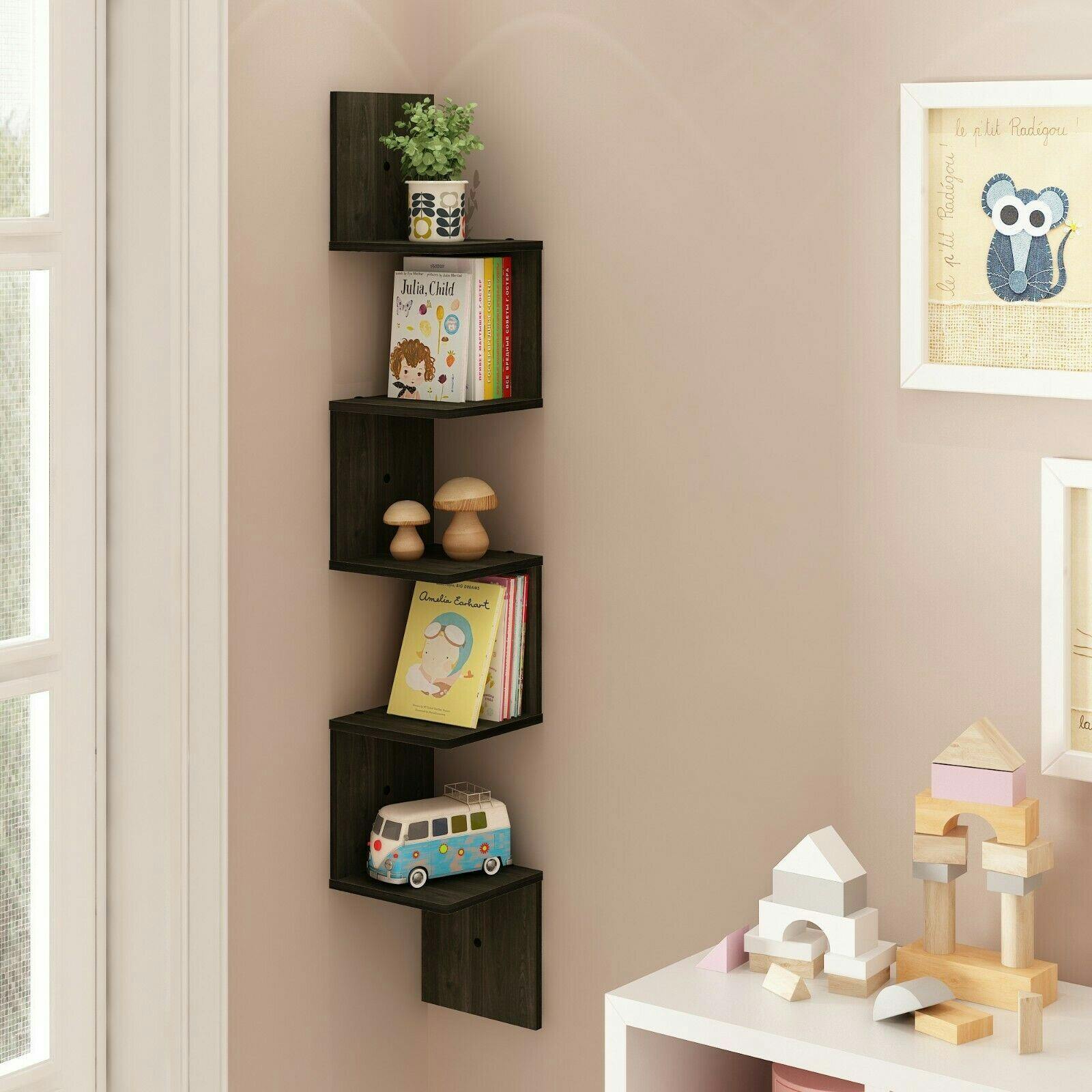 Rackhams 5 Tier Wall Mount Floating Corner Square Shelf, Espresso Perfect For Organized Storage And Display