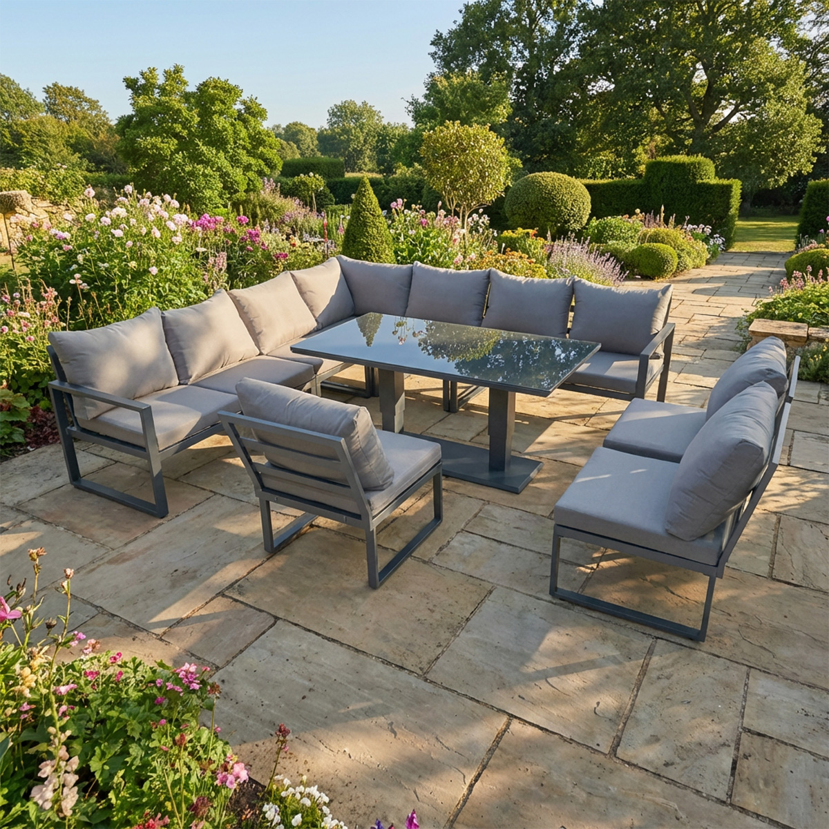 Fimous Dark/Grey 10 Seater Aluminium Garden Corner Sofa Dining Set With Adjustable Rising Dining Table