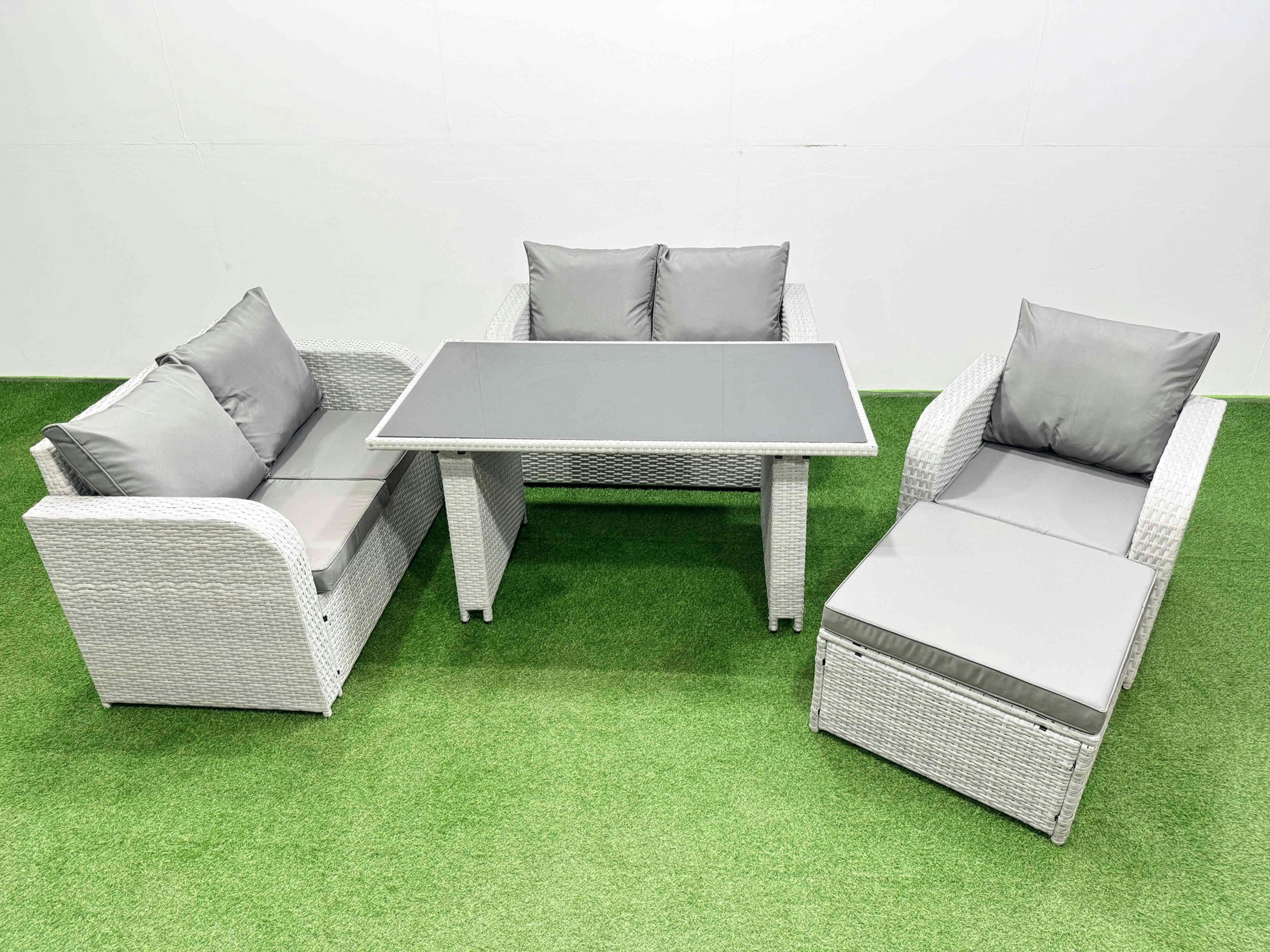 Fimous Light/Grey Rattan Sofa Outdoor Furniture With Dining Table,Love Sofa,Big Stool Patio Furniture 6 Seater
