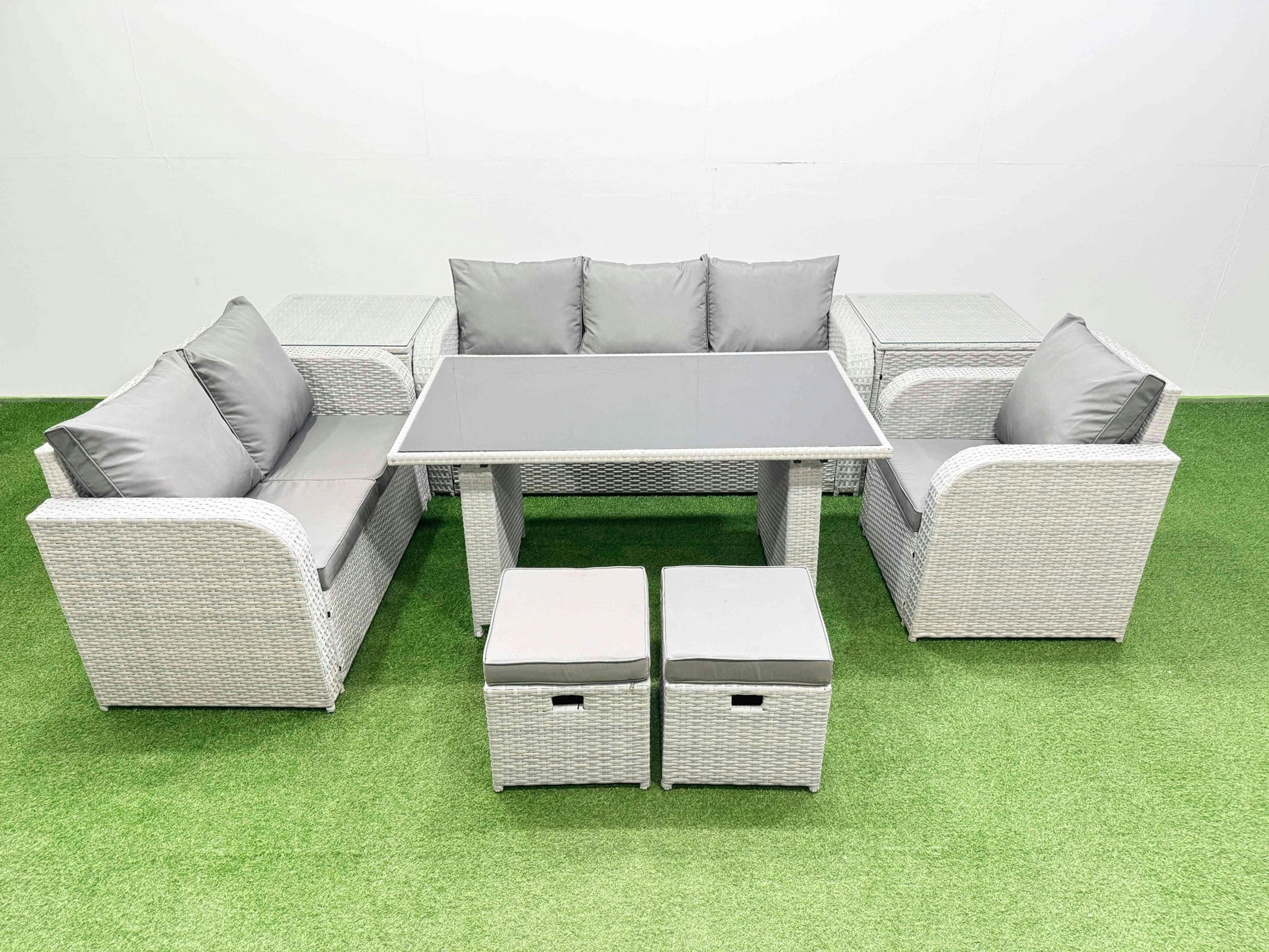 Fimous Light/Grey Rattan Outdoor Table Reclining Chair Sofa Set With 2 Side Tables 2 Small Stools 8 Seater
