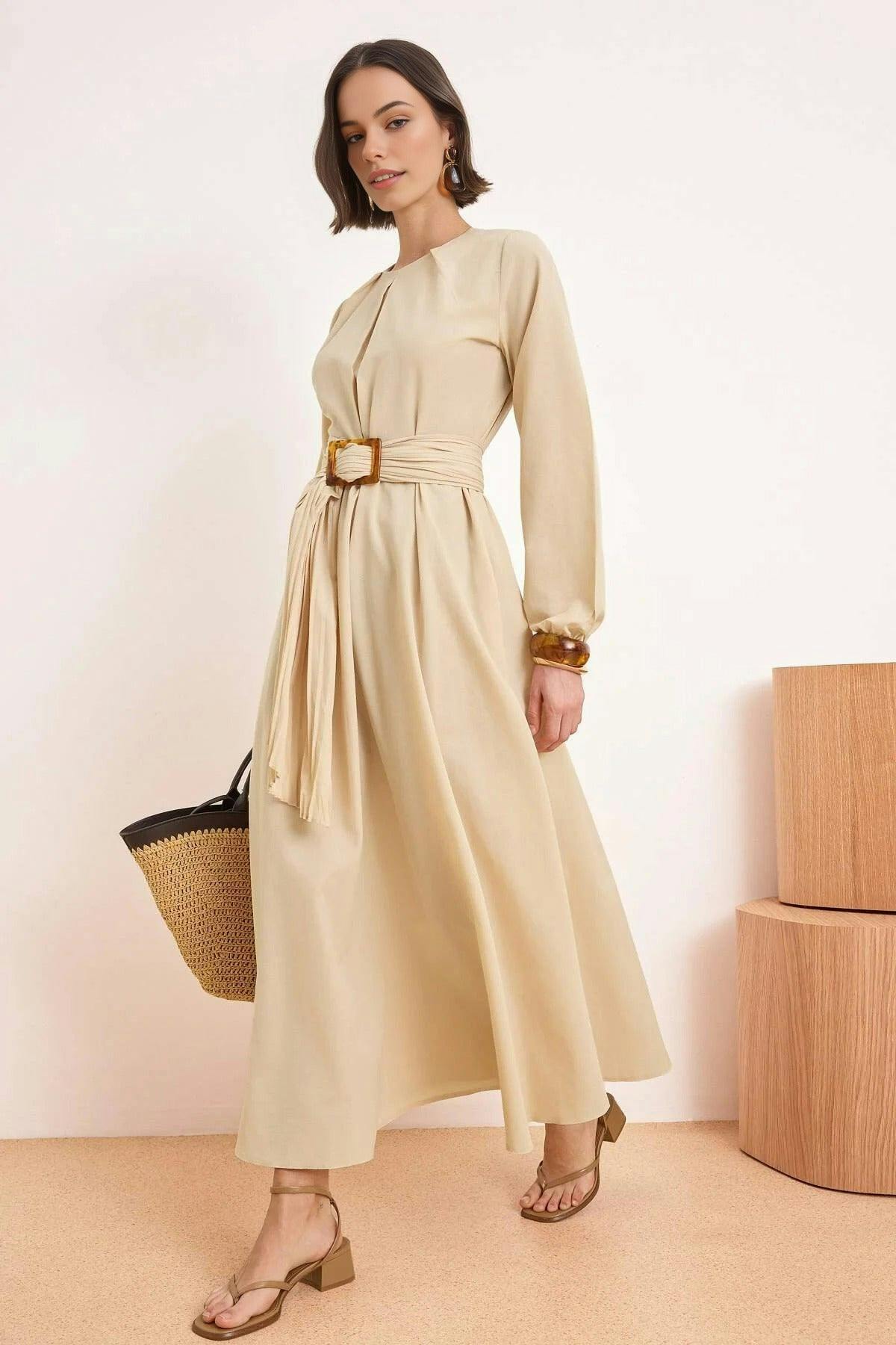 Wovcor Beige Unlined Pleated Belt Buckle Detail Woven Dress - 18
