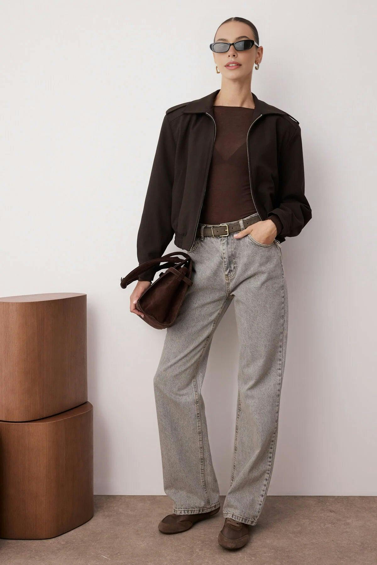 Wovcor Grey High Waist Wide Leg Jeans - 14
