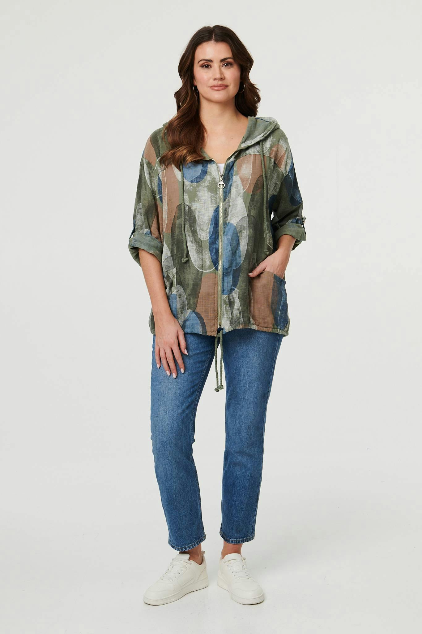 Izabel London Abstract Relaxed Hood Drawstring Jacket - S/M - Khaki