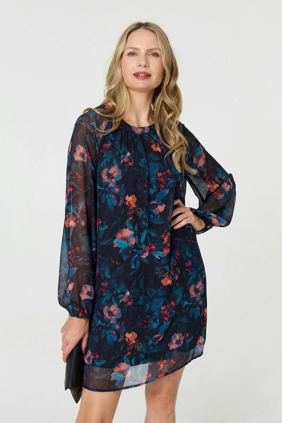 Izabel London Blue Floral Layered Long Sleeve Short Dress - 10