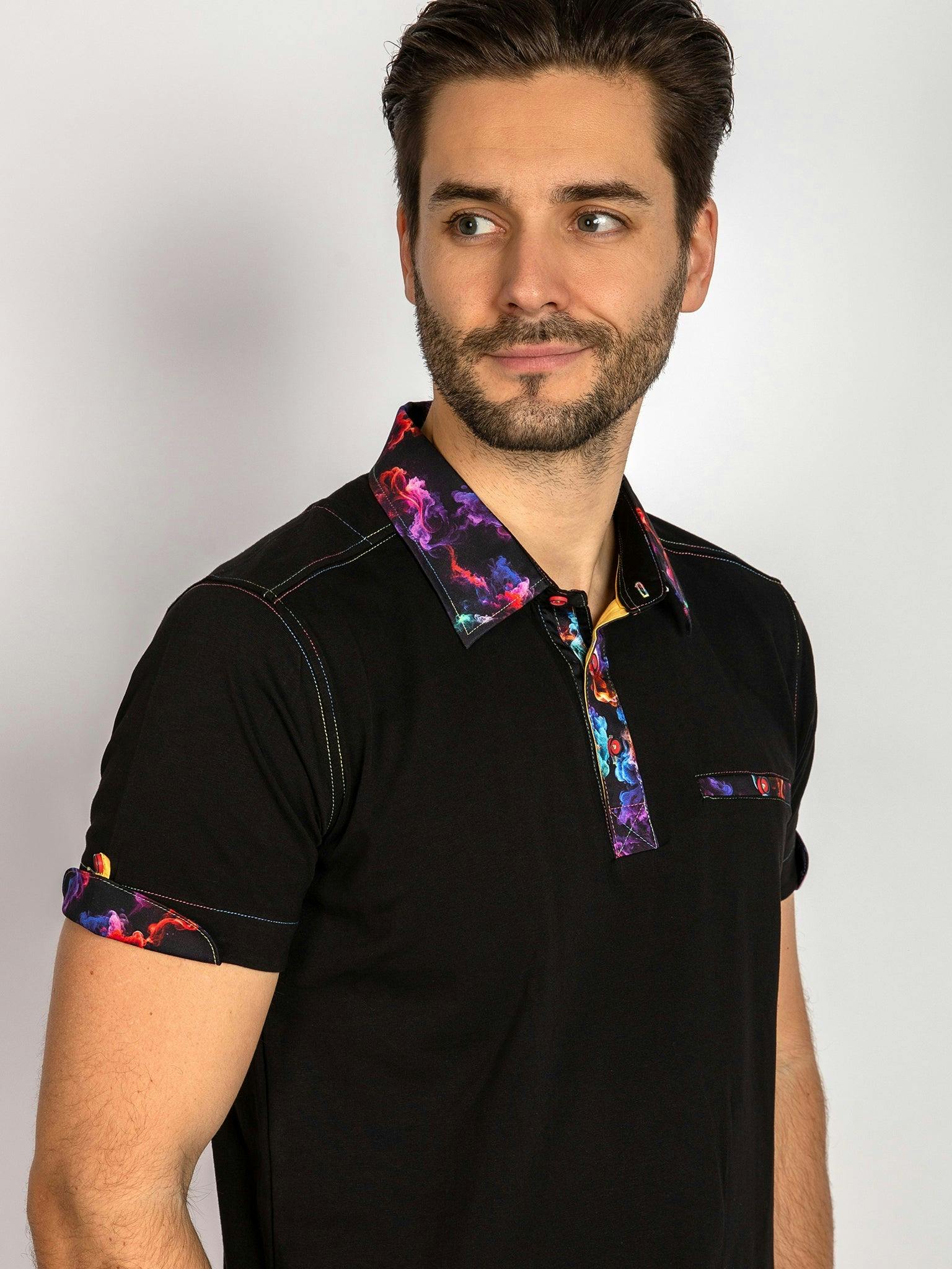 Claudio Lugli Men's Black Signature Polo Shirt With Smoke Insert - Small