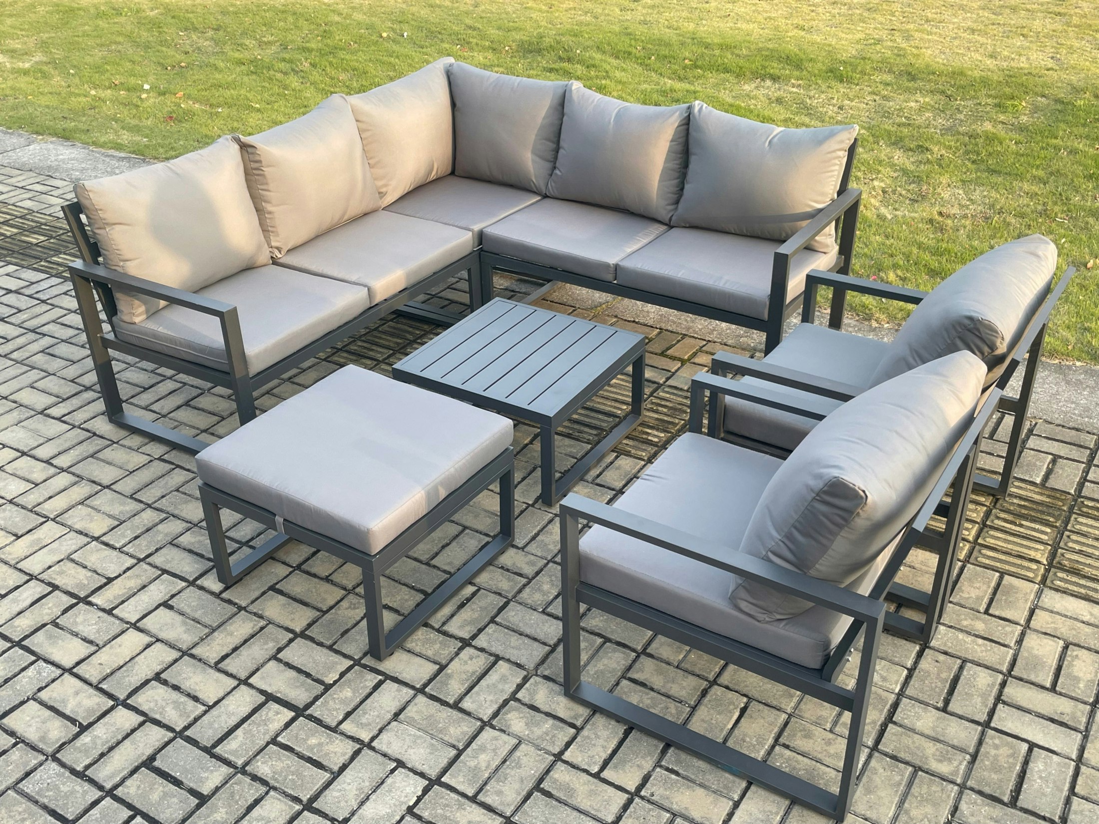 Rackhams Dark/Grey Outdoor Garden Furniture Set Aluminium Lounge Sofa Square Coffee Table Sets With 2 Pcs Chair Big Footstool Indoor Conservatory Set