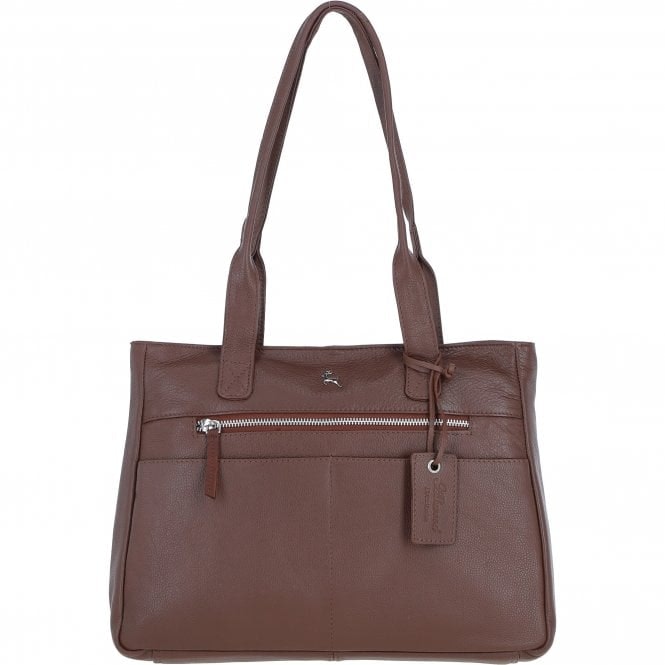 Ashwood Silver Sleek & Spacious Real Leather Shoulder Bag: London - Cognac - Leather