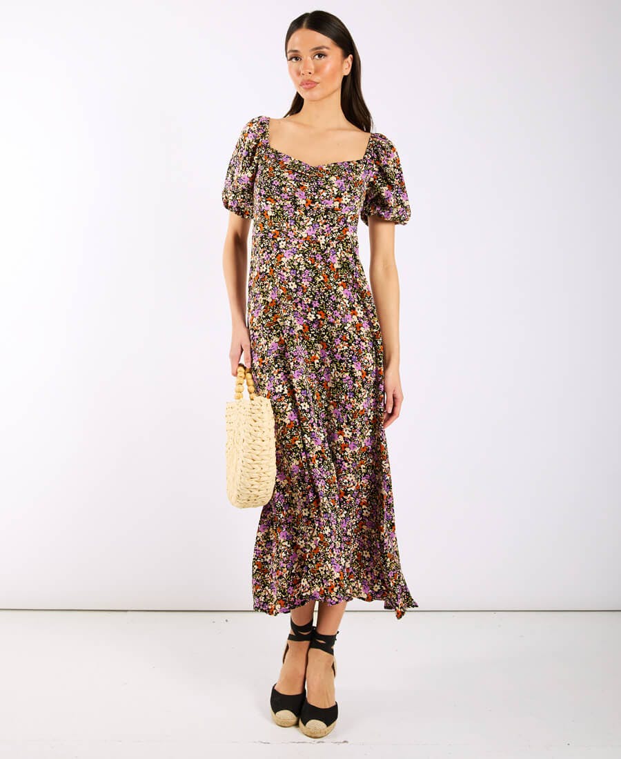 Needs No Label Purple Floral Sweetheart Neck Midi Dress - 16