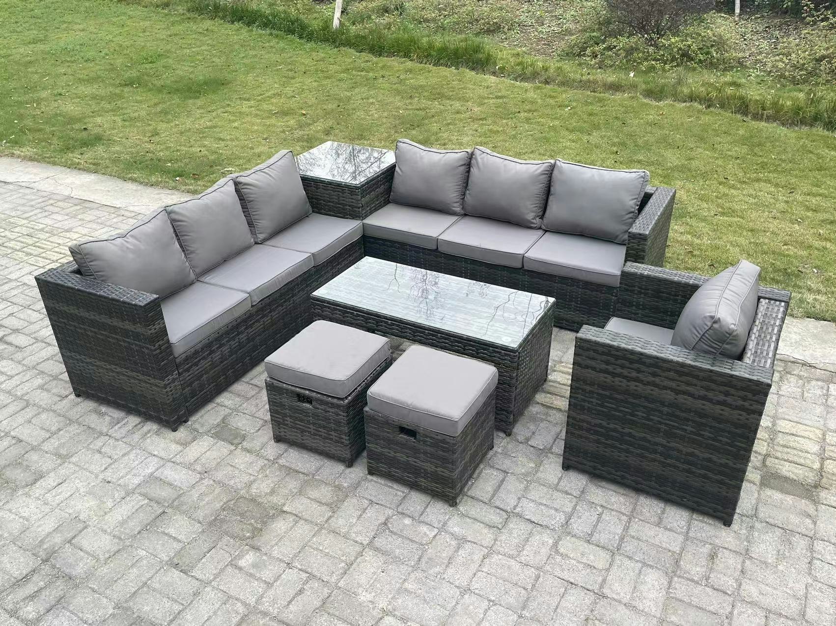 Rackhams Dark/Grey Seater Rattan Corner Sofa Set With Square Side Table And Oblong Rectangular Coffee Tea Table Arm Chair 2 Stools Mixed Size 9