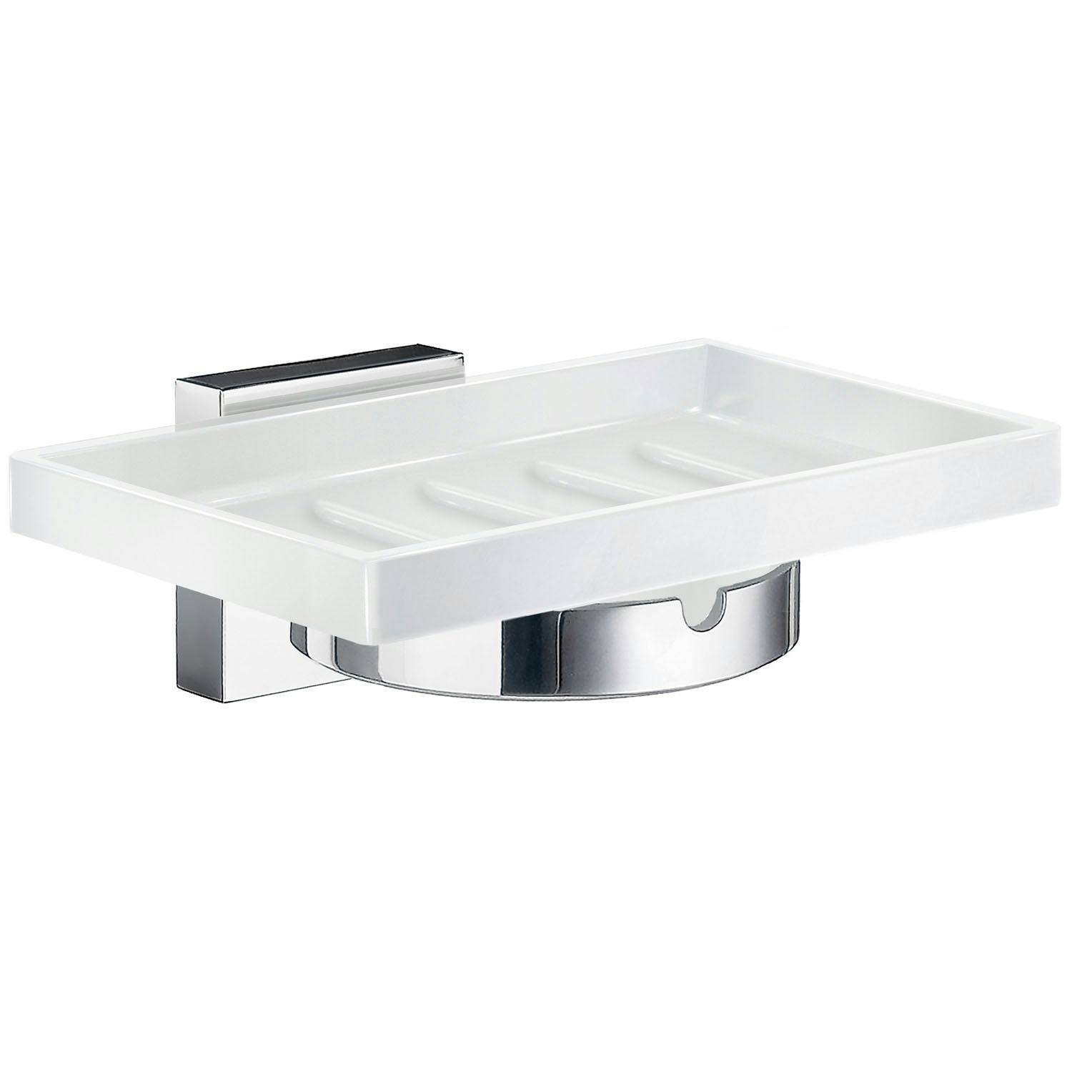 Smedbo Porcelain Rectangular Soap Dish Tray And Polished Chrome Wall Mounted Holder With Concealed Screws For Bath Shower Bathroom