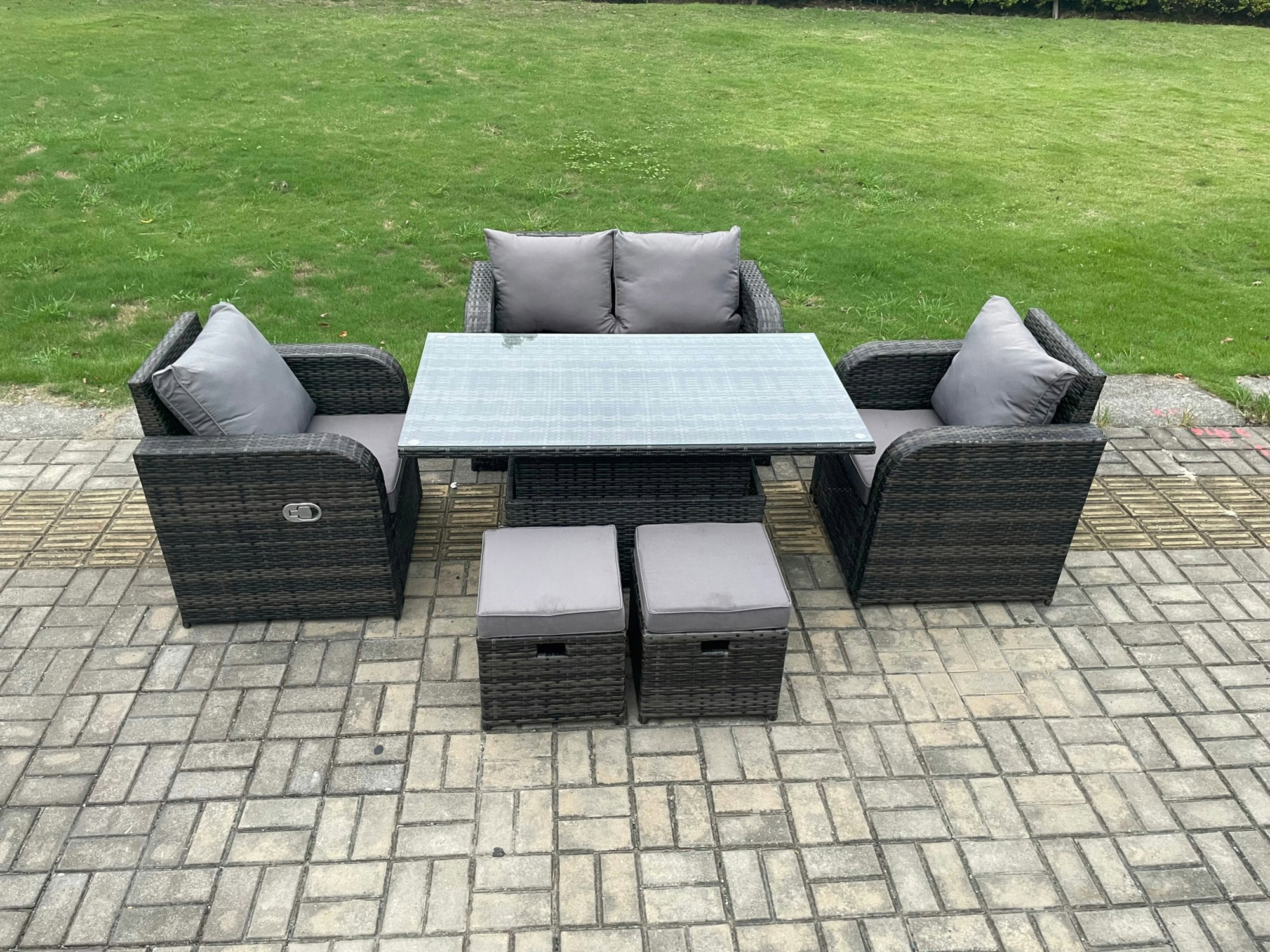 Rackhams Dark/Grey Wicker Pe Rattan Garden Dining Set - Mixed Outdoor Patio Height Adjustable Rising Lifting Table Love Sofa With Reclining Chair