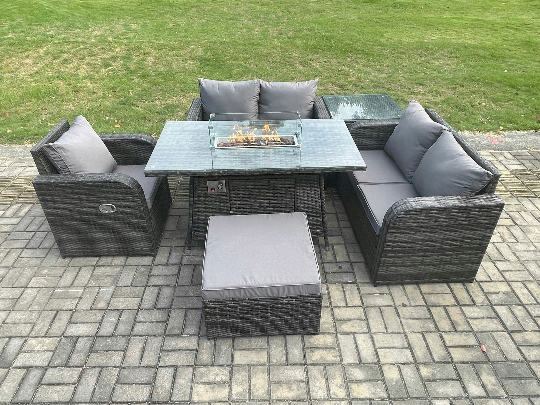 Fimous Dark/Grey Patio Rattan Garden Furniture Set With Gas Fire Pit Dining Table,Big Footstool And Side Table Indoor Outdoor 6 Piece Love Sofa Set