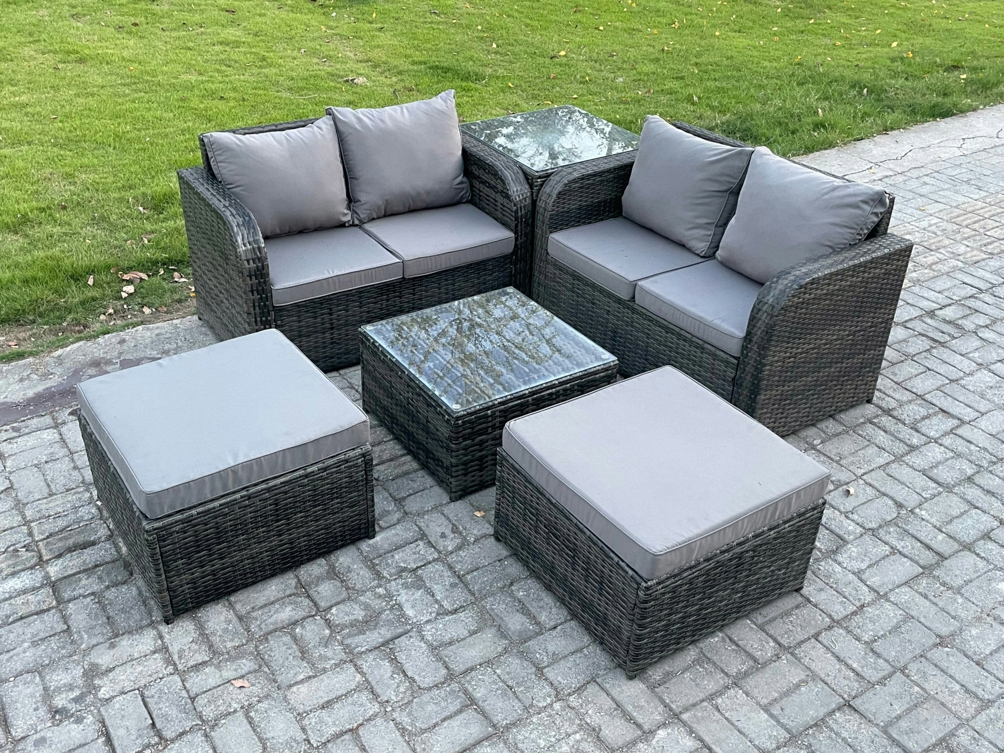 Rackhams Dark/Grey 6-Seater Rattan High Back Lounge Set | Outdoor/Indoor Sofa, Square Coffee Table, 2 Large Footstools, Loveseat