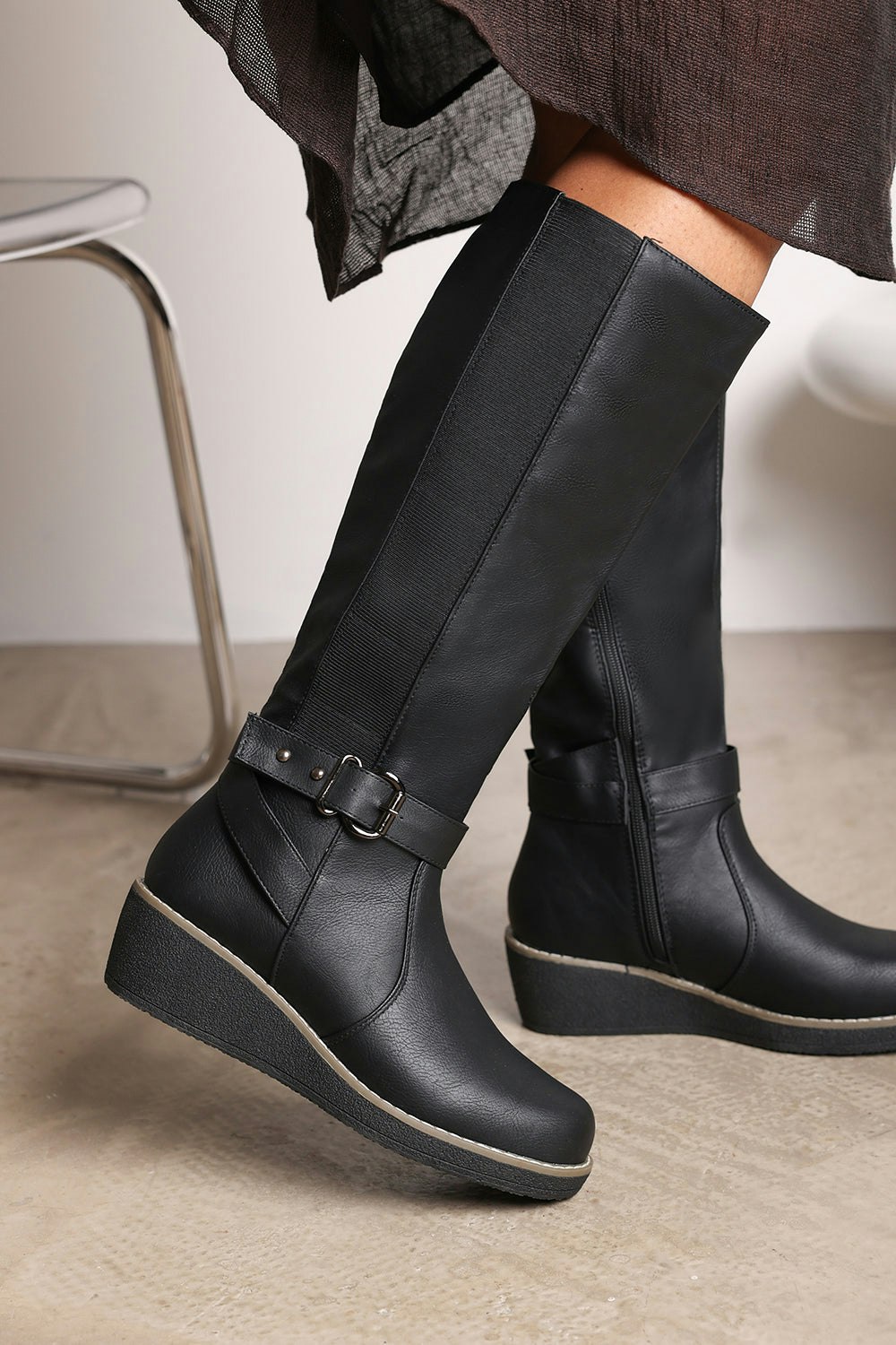 Where's That From Black Oriana Faux Leather Knee High Wedge Boots With Strap And Buckle - Size 3
