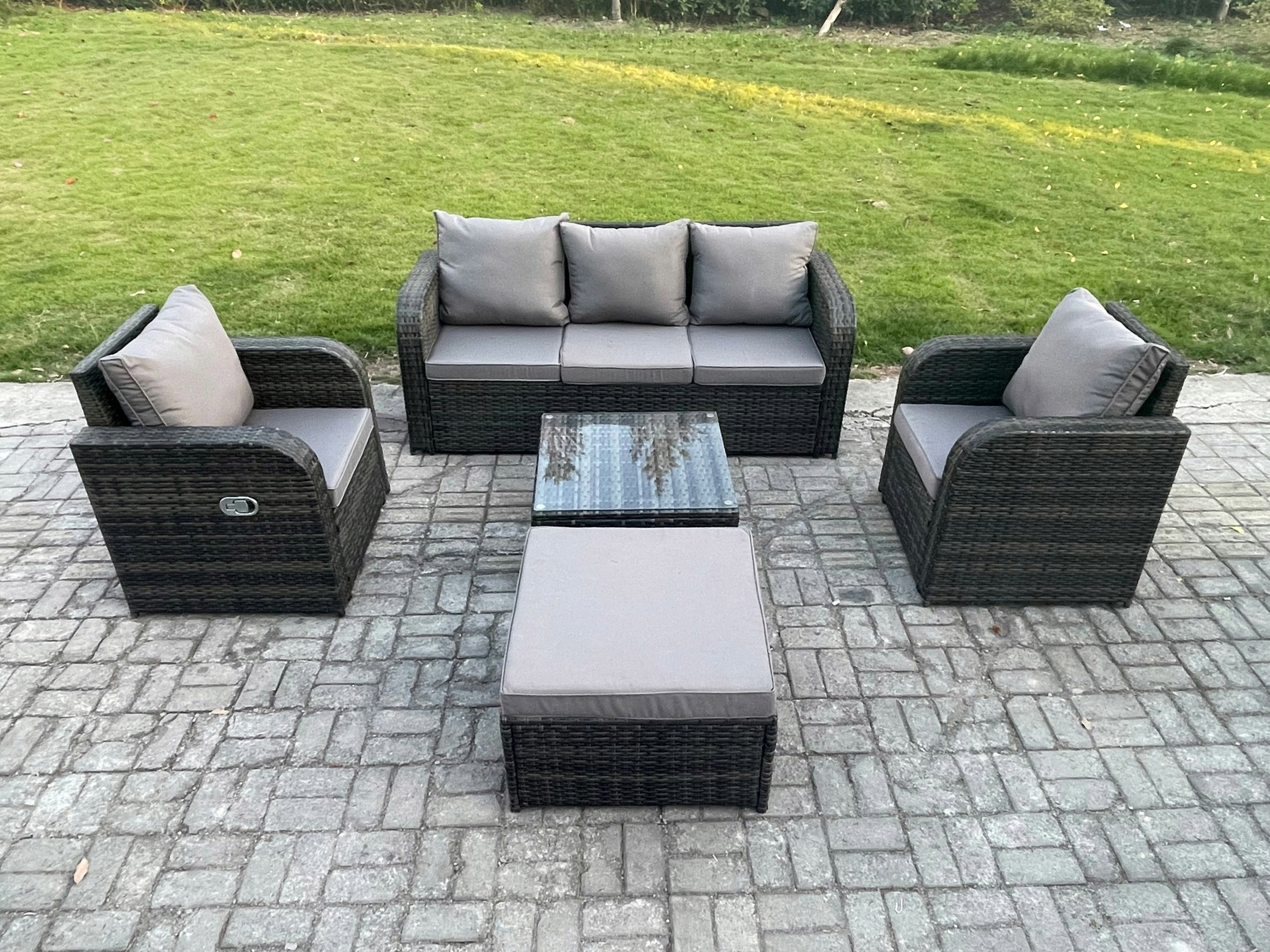 Rackhams Dark/Grey Garden Furniture Sets 6 Seater Wicker Rattan Furniture Patio Sofa Sets With Reclining Chair 3 Seater Sofa Big Footstool Mixed