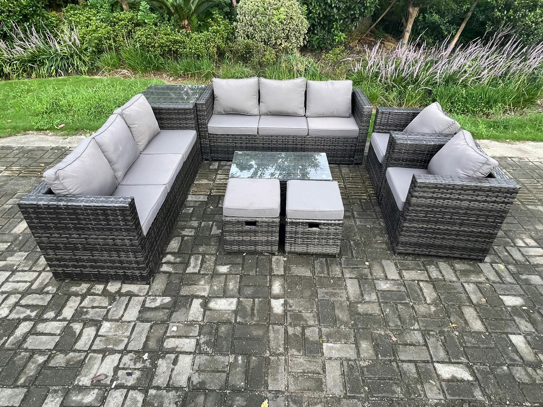 Rackhams Dark/Grey Outdoor Lounge Sofa Set - Mixed Pe Rattan Garden Furniture With 2 Armchairs & Oblong Coffee Table