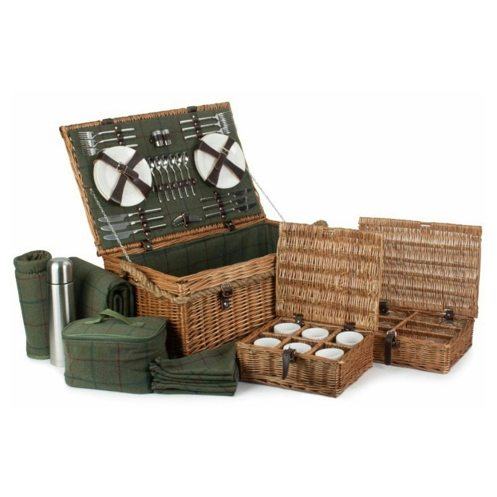 Rackhams Green Rope Handled Tweed 6 Person Fitted Picnic Basket - 6 Person