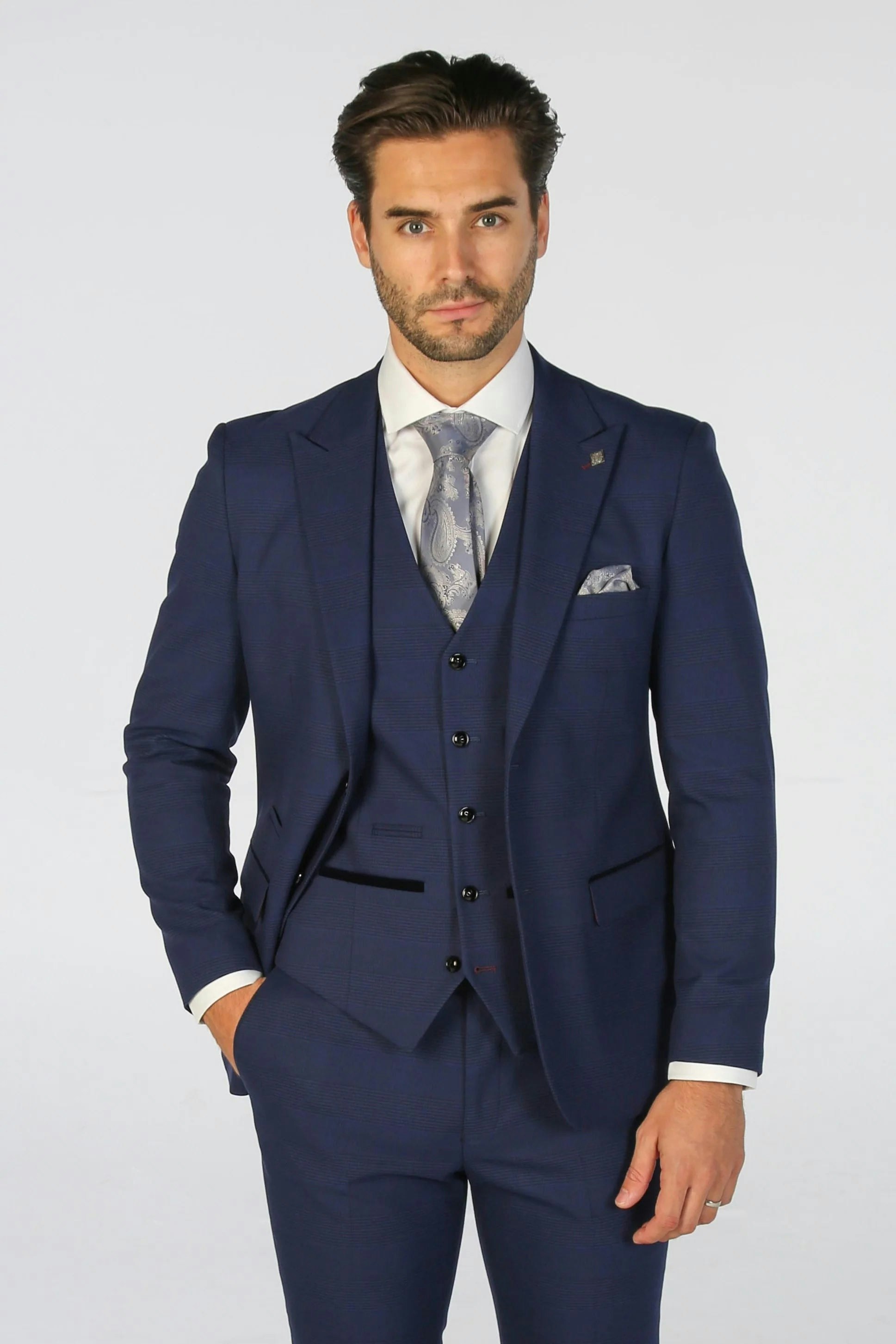 Paul Andrew Men's Blue Mark - Navy Checked Tailored Fit Blazer - 44