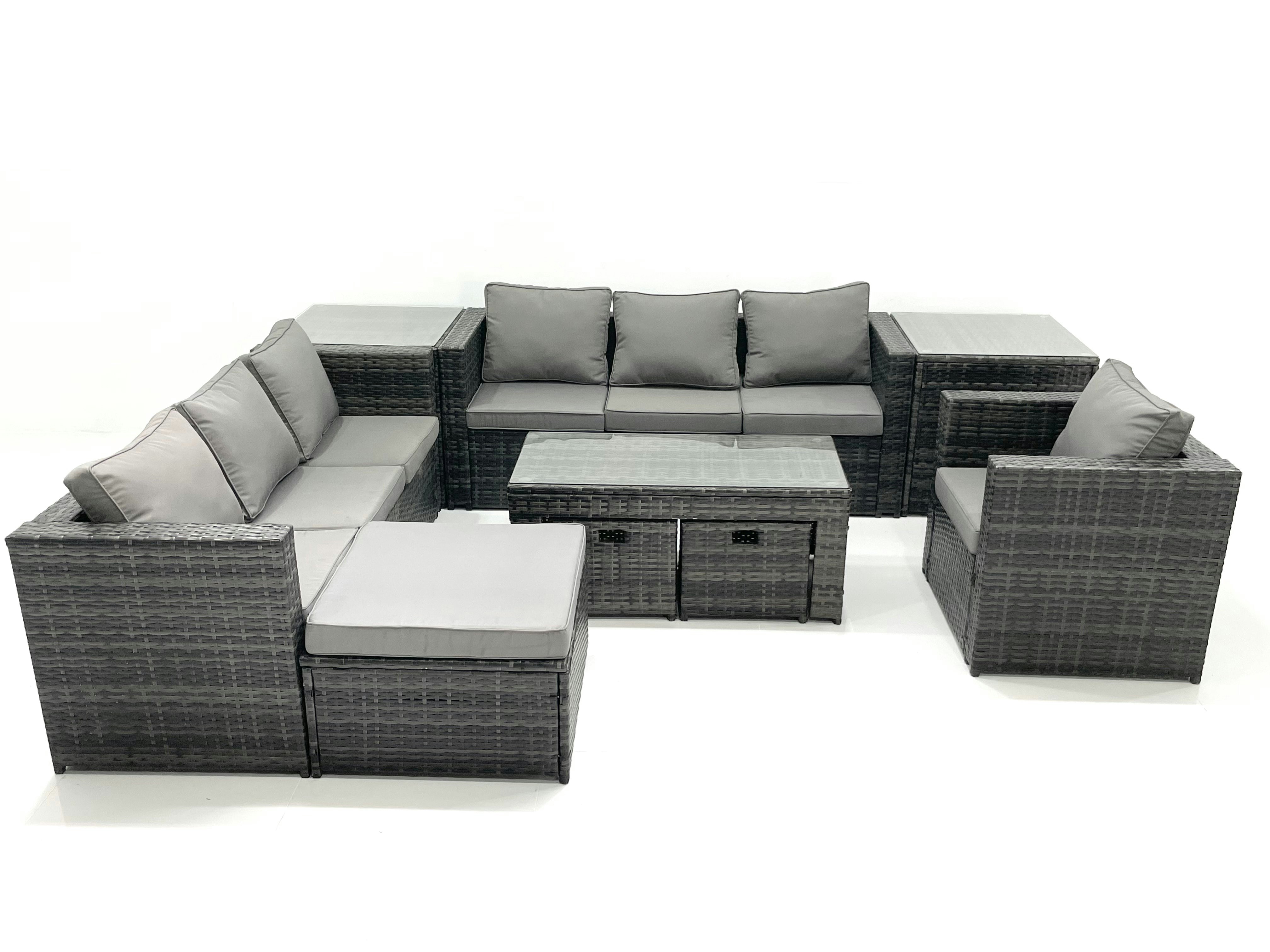 Rackhams Dark/Grey Outdoor Garden Furniture Set 10 Seater Rattan Sofa Set With Coffee Table 3 Footstools Armchair 2 Side Tables Mixed