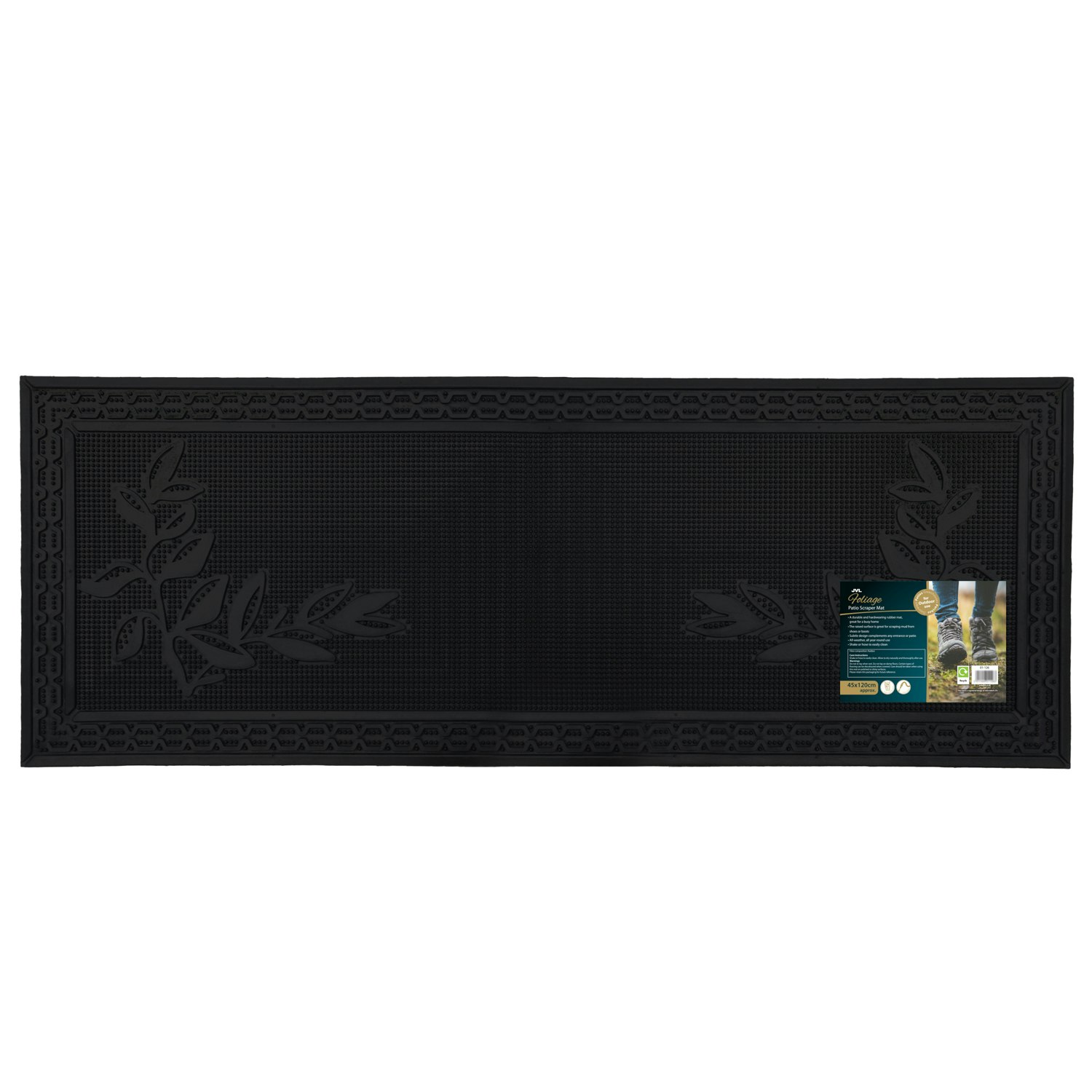 Rackhams Black Foliage Scraper Rubber Pin Patio Doormat, 45X120cm,