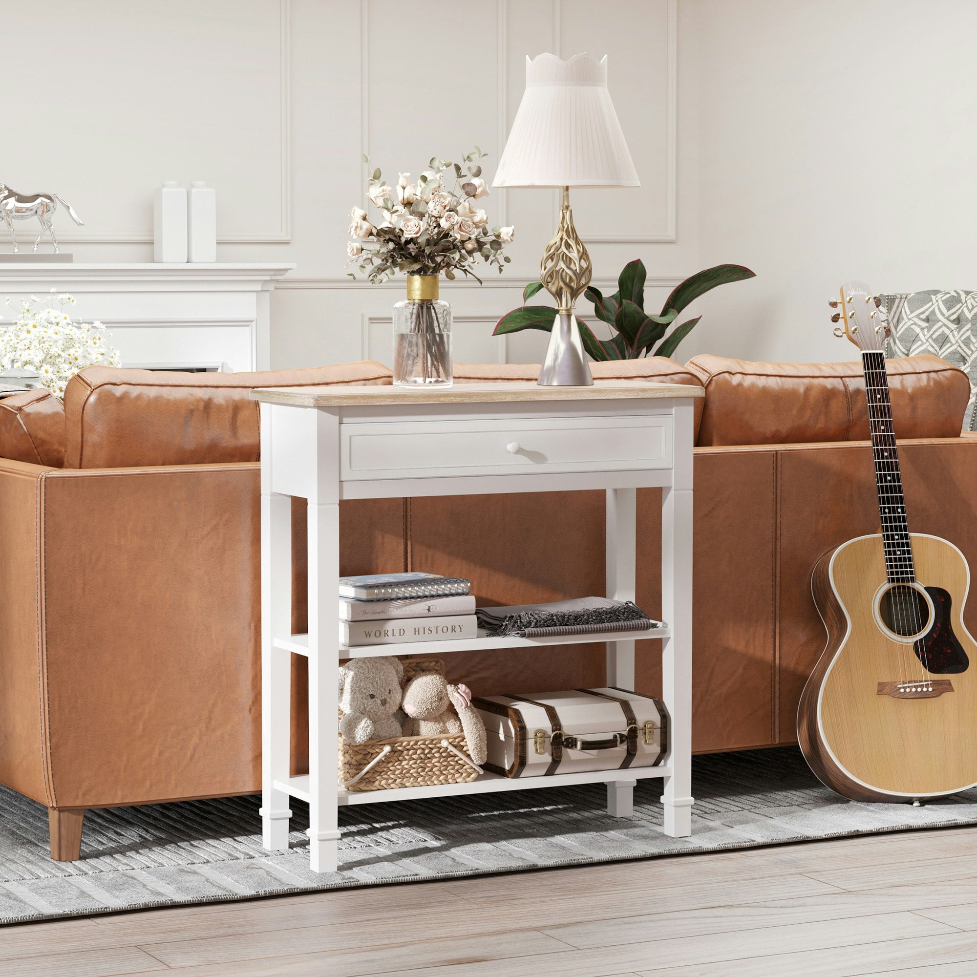 HOMCOM Console Table With Drawer 2 Shelves Retro White MDF Oak Top 80x75cm - Image 4