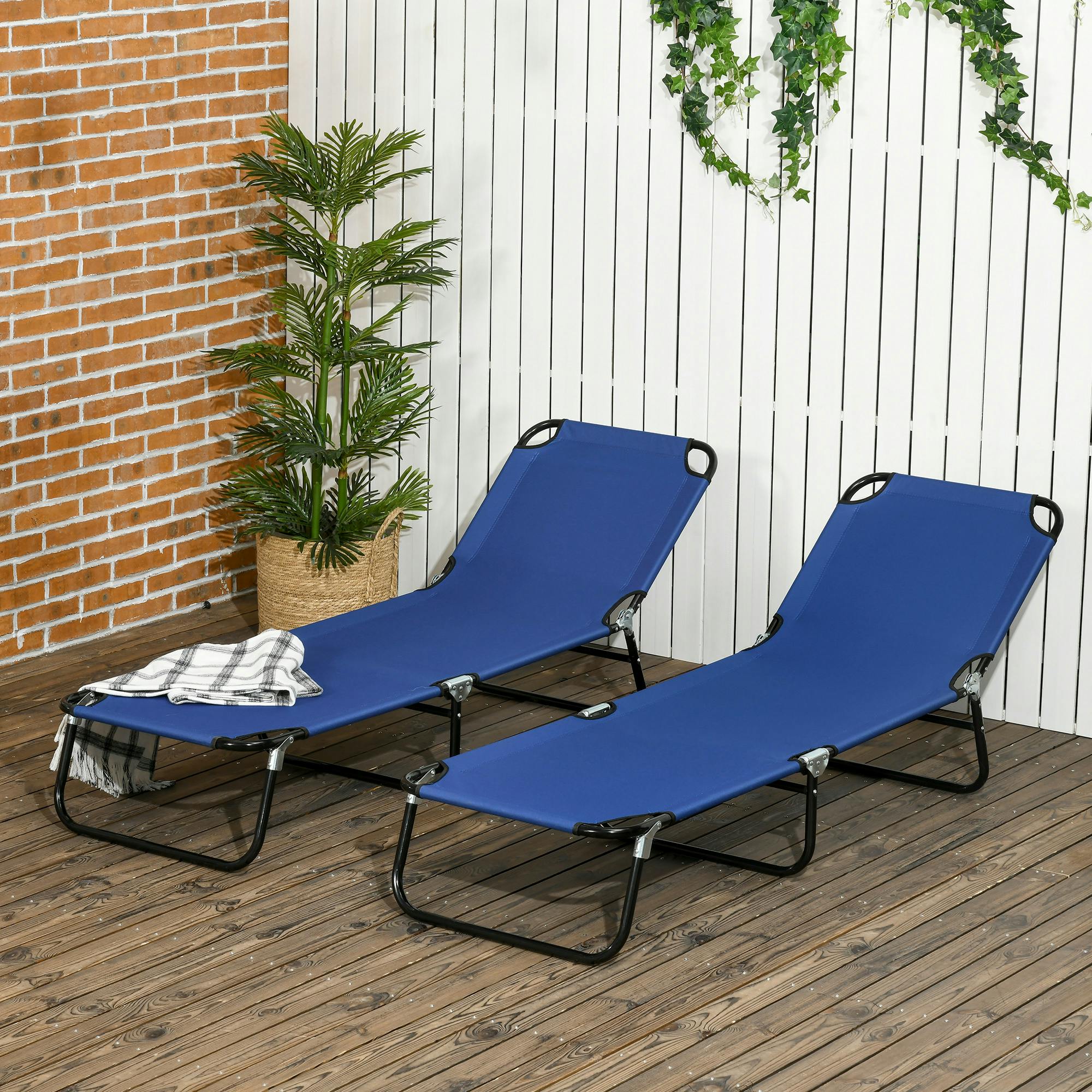 Rackhams Beige/Blue Folding Sun Loungers Set Of 2 With Adjustable Backrest, - 2