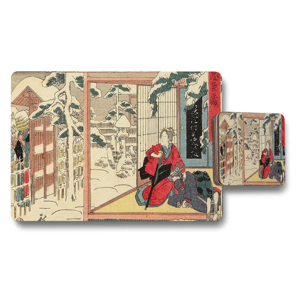 Rackhams Red Ukiyo Inspi Placemat And Coaster Set Snow Scene Japanese Art