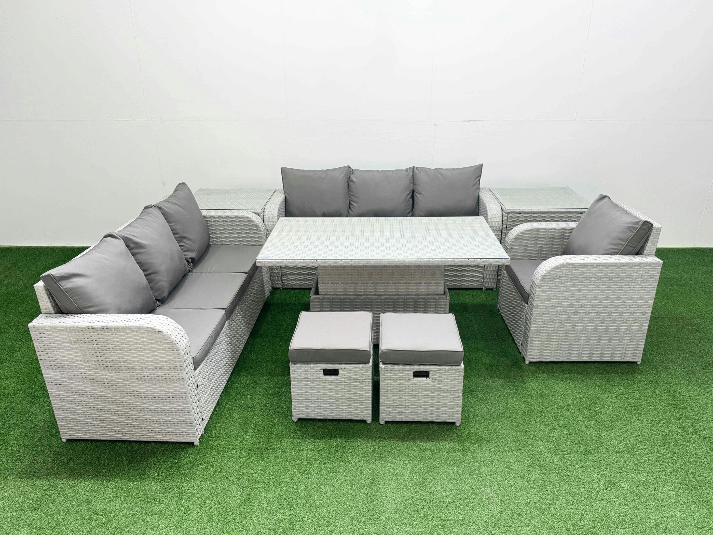 Rackhams Light/Grey 9 Seater Rattan Garden Furniture Set With Adjustable Height Table, 2 Sofas, 1 Reclining Chair, 2 Stools & 2 Side Tables