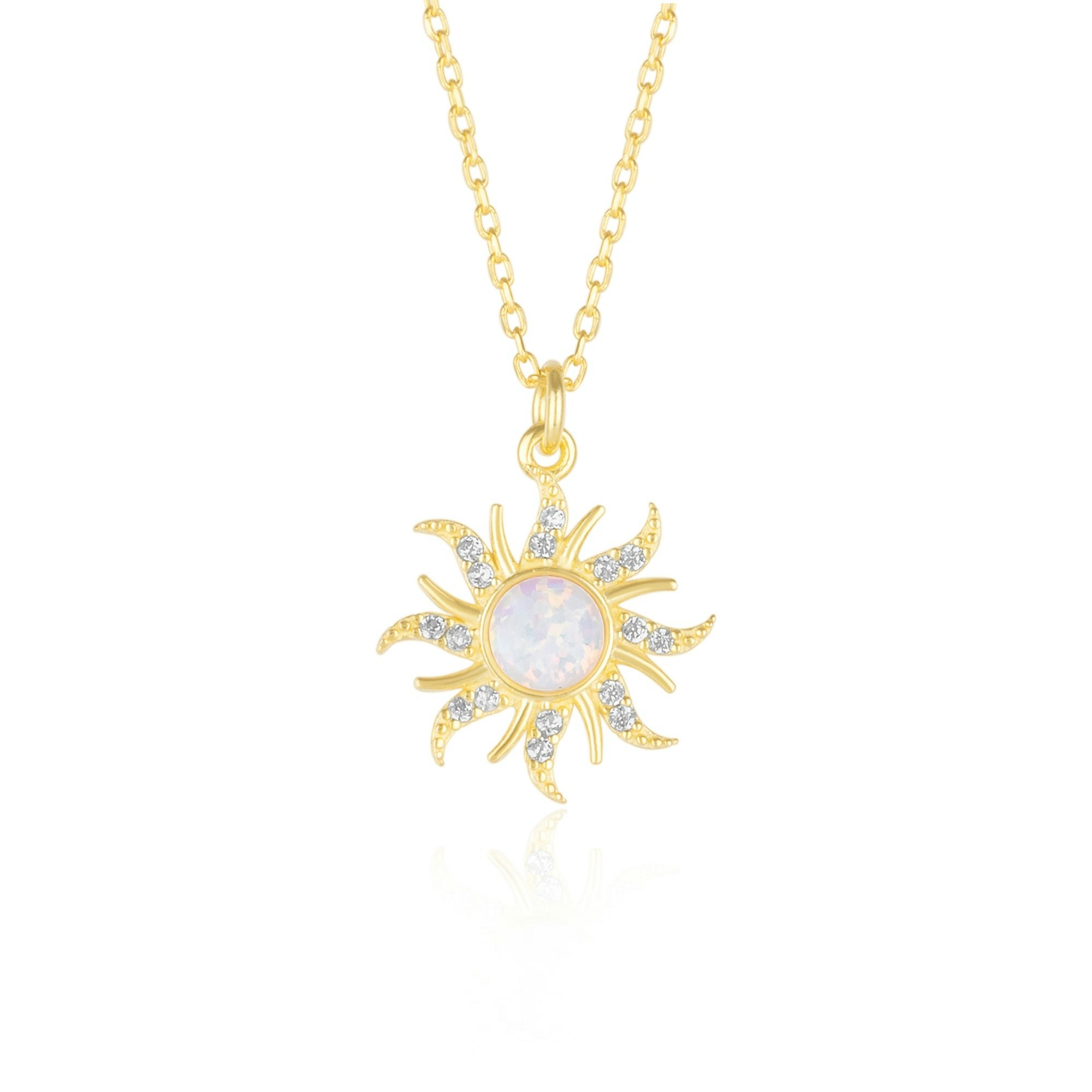 Spero London White/Silver/Gold Opal Sun & Sunburst Necklace In Sterling