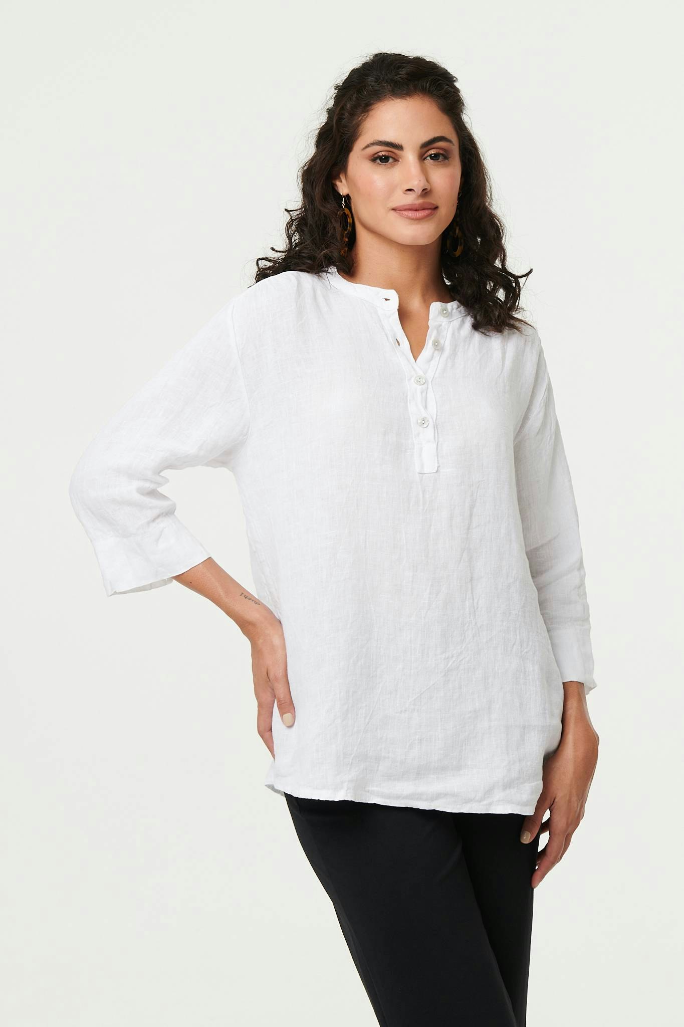 Izabel London White Relaxed 3/4 Sleeve Button Neck Blouse - 8
