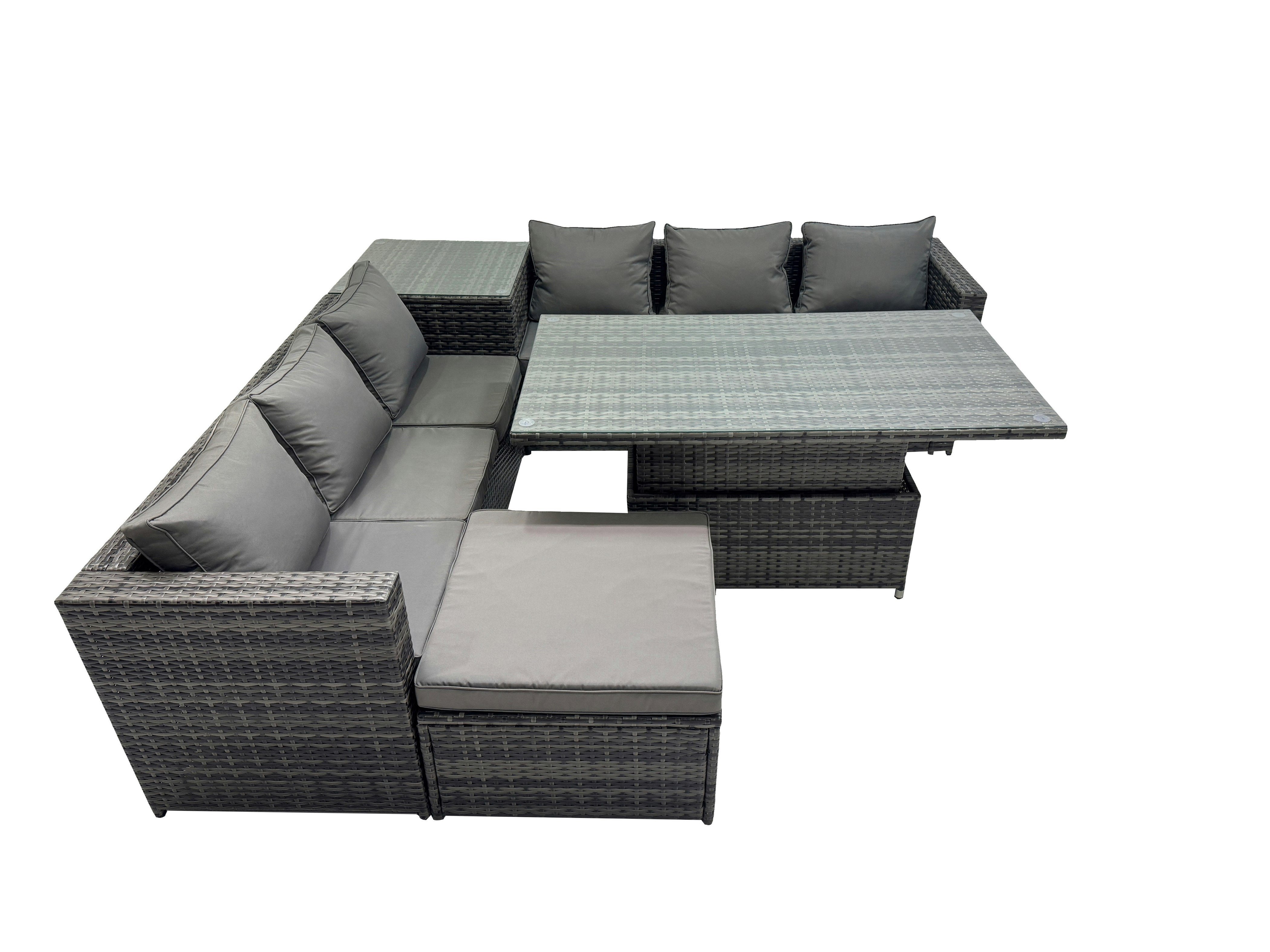 Rackhams Dark/Grey 7 Seater Outdoor Corner Sofa Height Adjustable Rising Lifting Table Set Garden Rattan Furniture Set With Big Stool