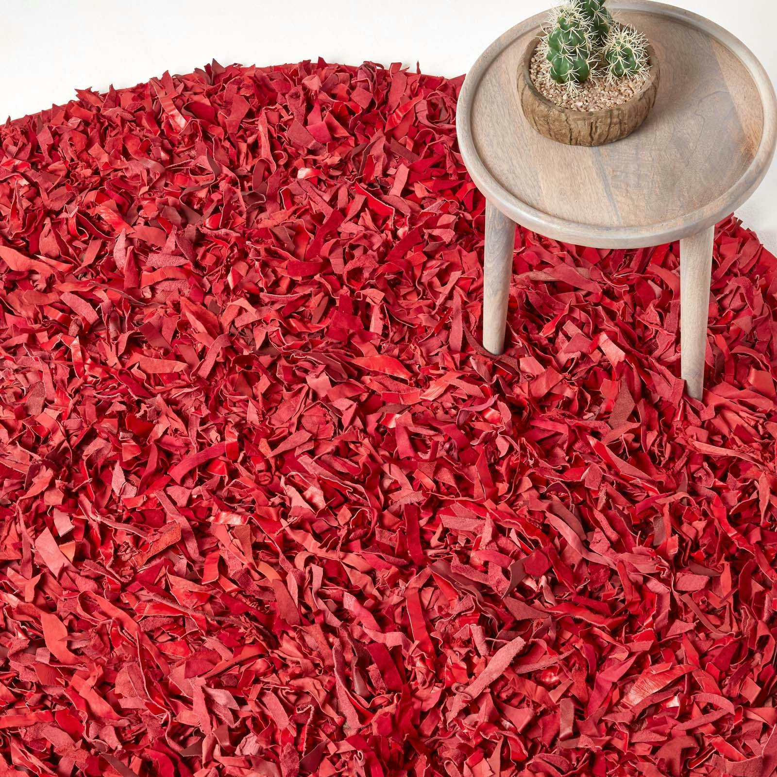 Photos - Area Rug Homescapes Rackhams Dallas Leather Shaggy Rug - Red - 150 cm Round