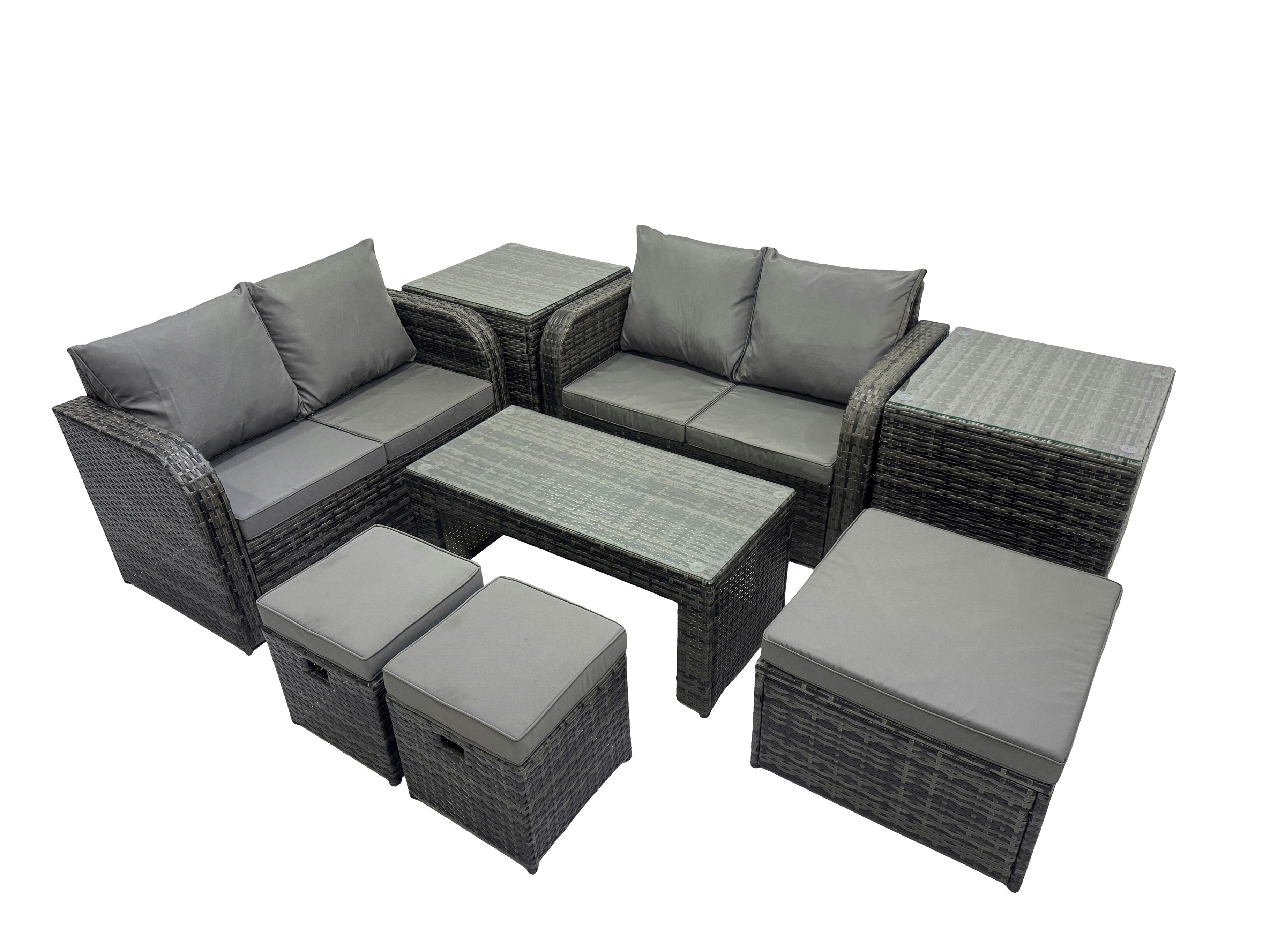 Rackhams Dark/Grey 3 Seater Sofa Reclining Chair Coffee Table Set Rattan Garden Outdoor Furniture Set With 2 Side Tables 3 Stools Mixed