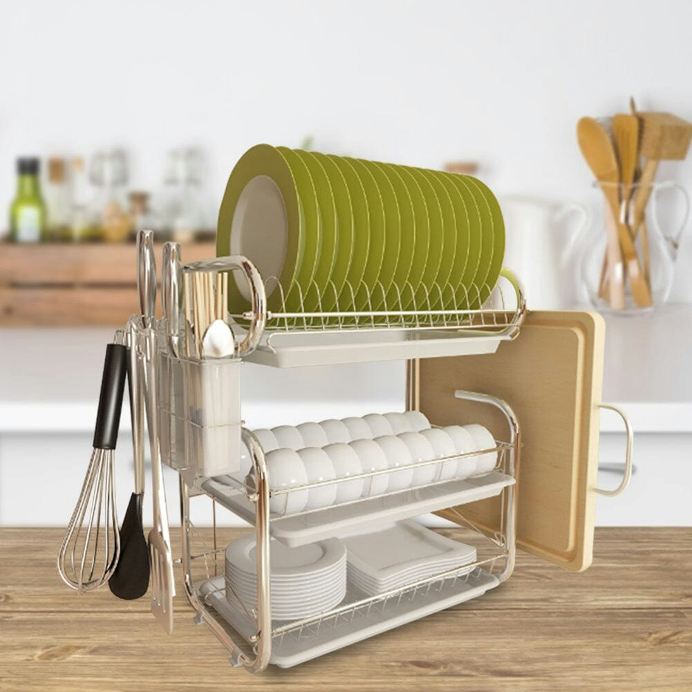 Rackhams White 3-Tier Dish Drainer Storage Stand Bowl Plate Dryer Tray