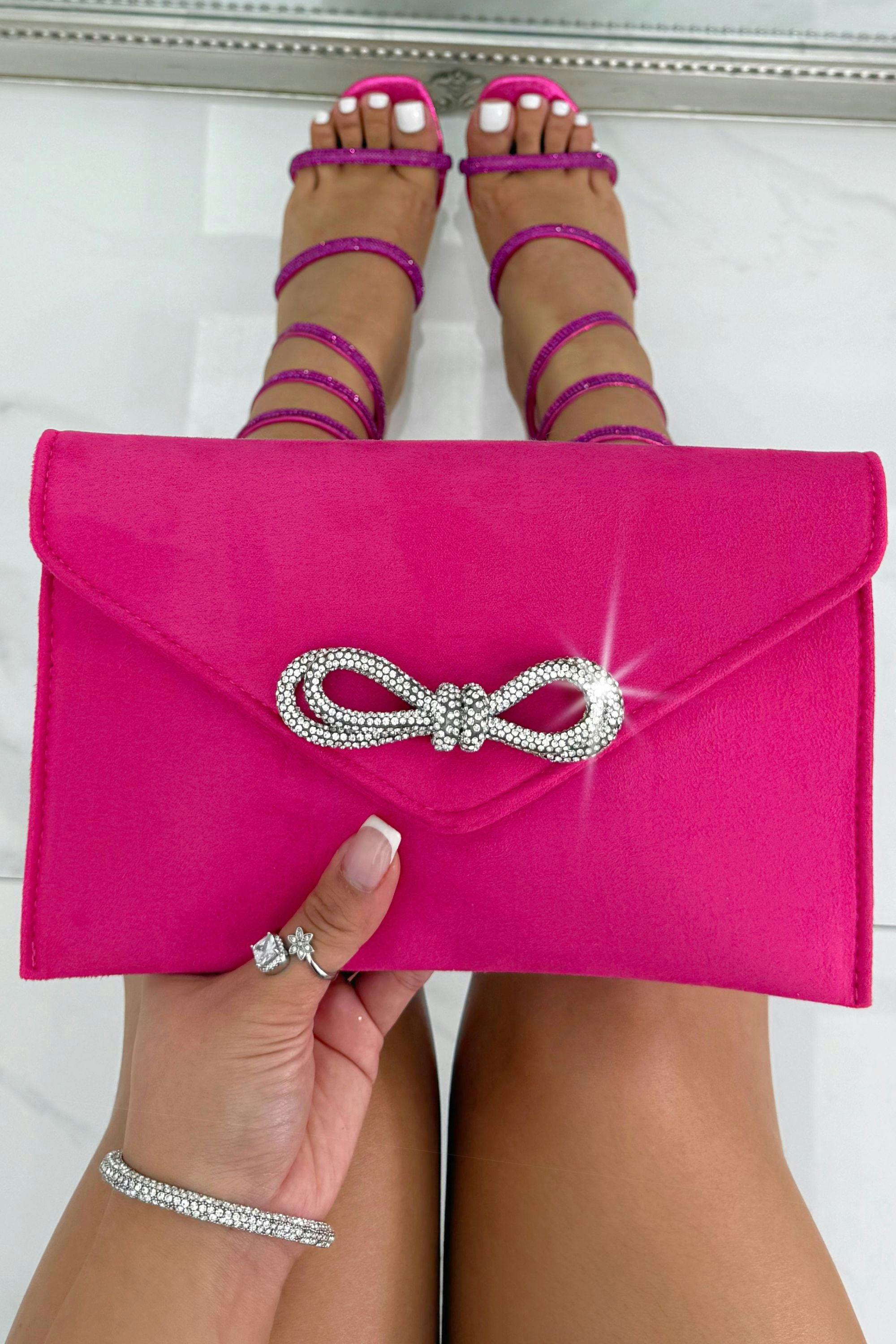 Love Lemonade Pink Crystal Bow Embellished Faux Suede Clutch Bag Hot